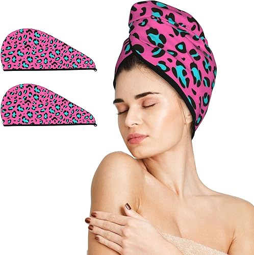IMPCOKRU Envolturas para el cabello (paquete de 2) para poliéster brocado coral, toalla de pelo de secado rápido de leopardo rosa, súper absorbente