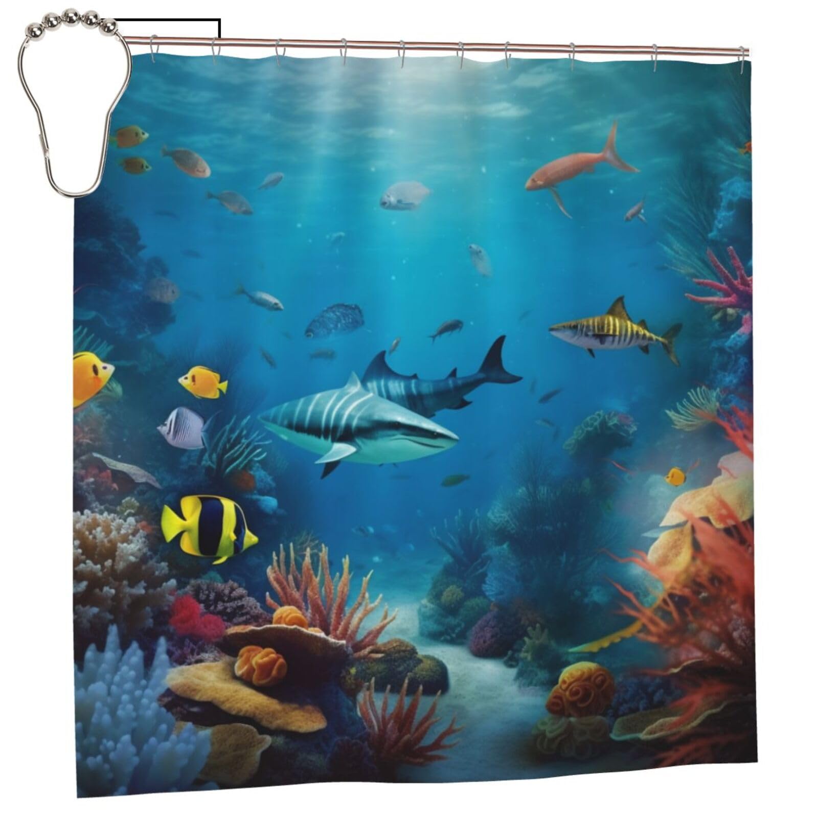 BWWHCCTI Underwater World Printed Shower Curtain With 12 Iron Hooks Opaque Quick Drying Waterproof Shower Curtains Sets For Bathroom 183x183 CM