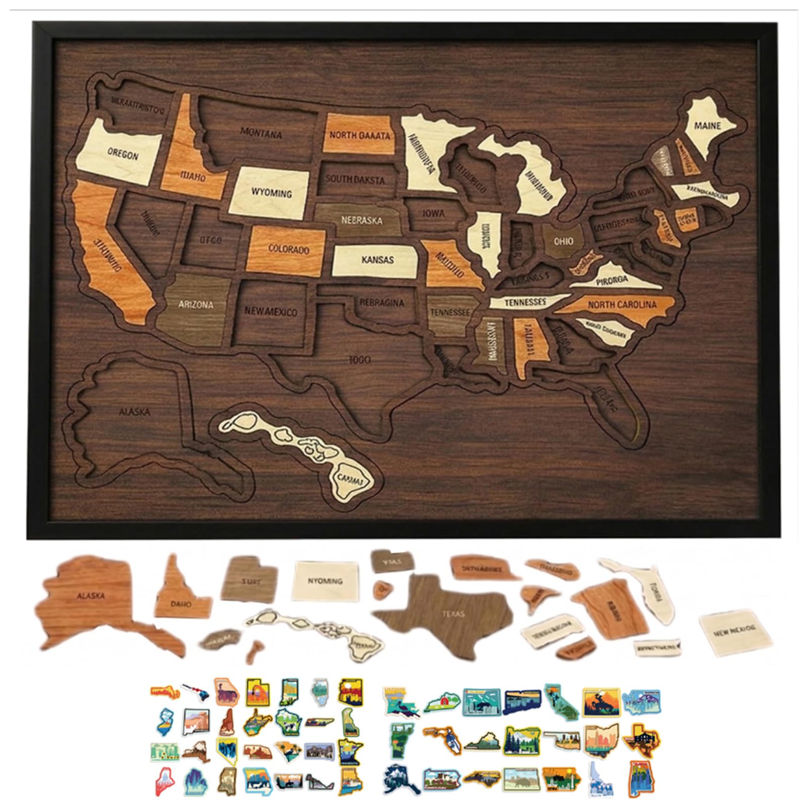 Wooden USA Travel Map Puzzle,12 X 10Inch USA 50 States Interactive Map Puzzle with Elements Sticker & Pins Jigsaw Detachable for Home Kitchen Office Couples & Families Gift