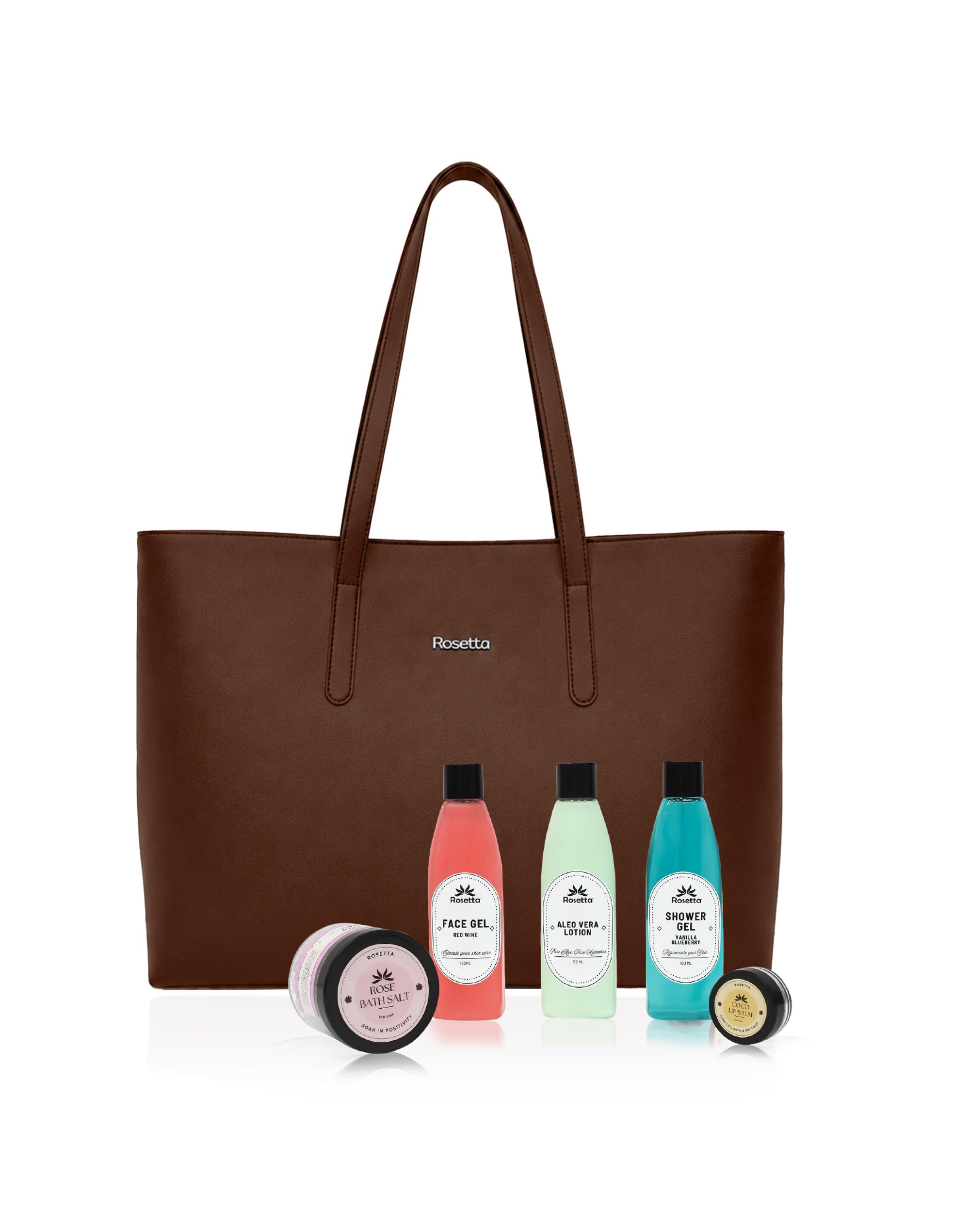 Rosetta Women's Premium Tote Handbag Combo Gift Set with Aloe Vera Lotion, Face Gel, Shower Gel, Rose Bath Salt & Lip Balm |Stylish Tote Shoulder Bag for Office, Travel & Daily Use (Brown).-image-47