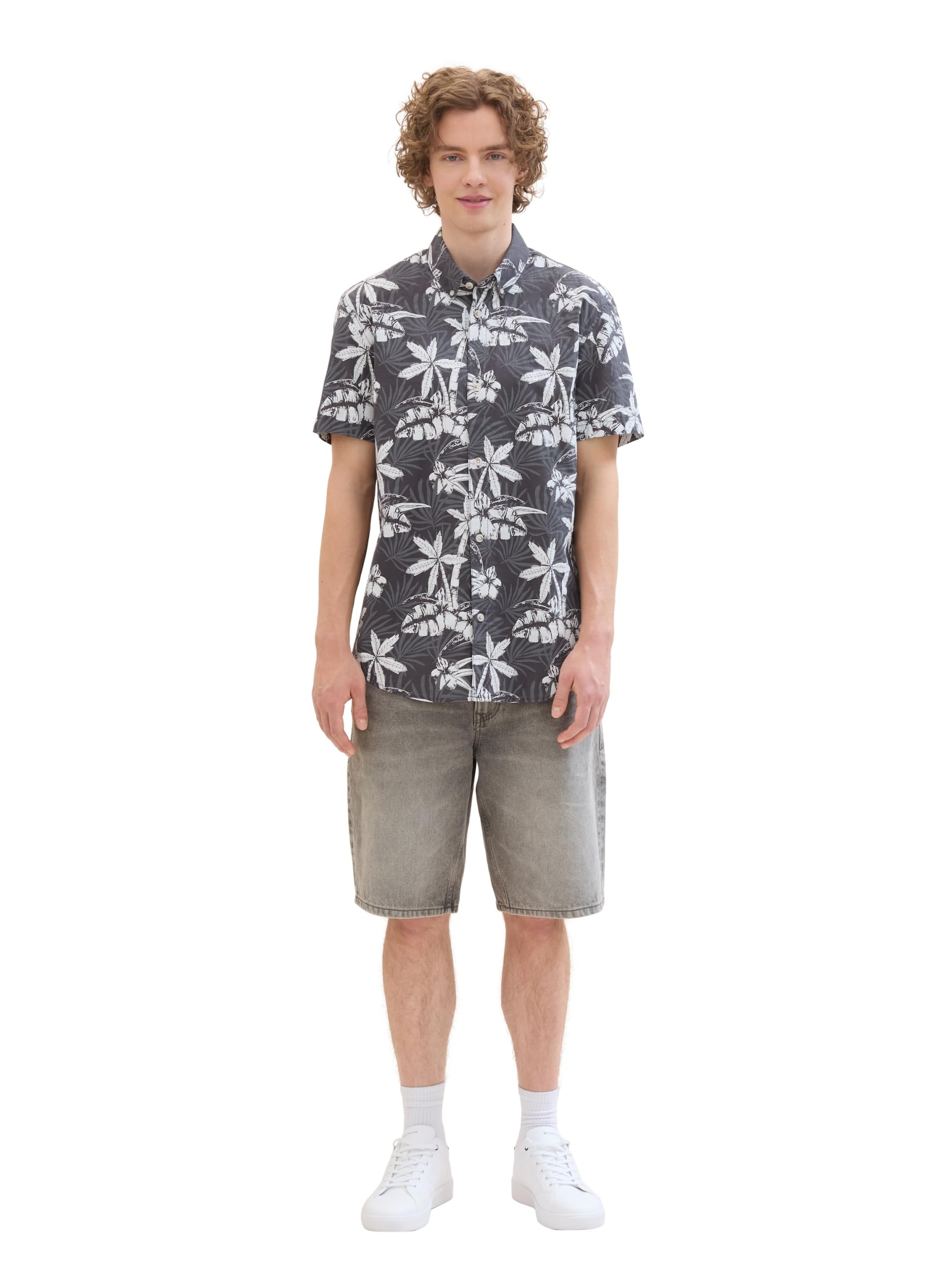 TOM TAILOR Denim Herren Kurzarm Hemd mit Palmen-Muster, 35502 - grey white tropical print, M