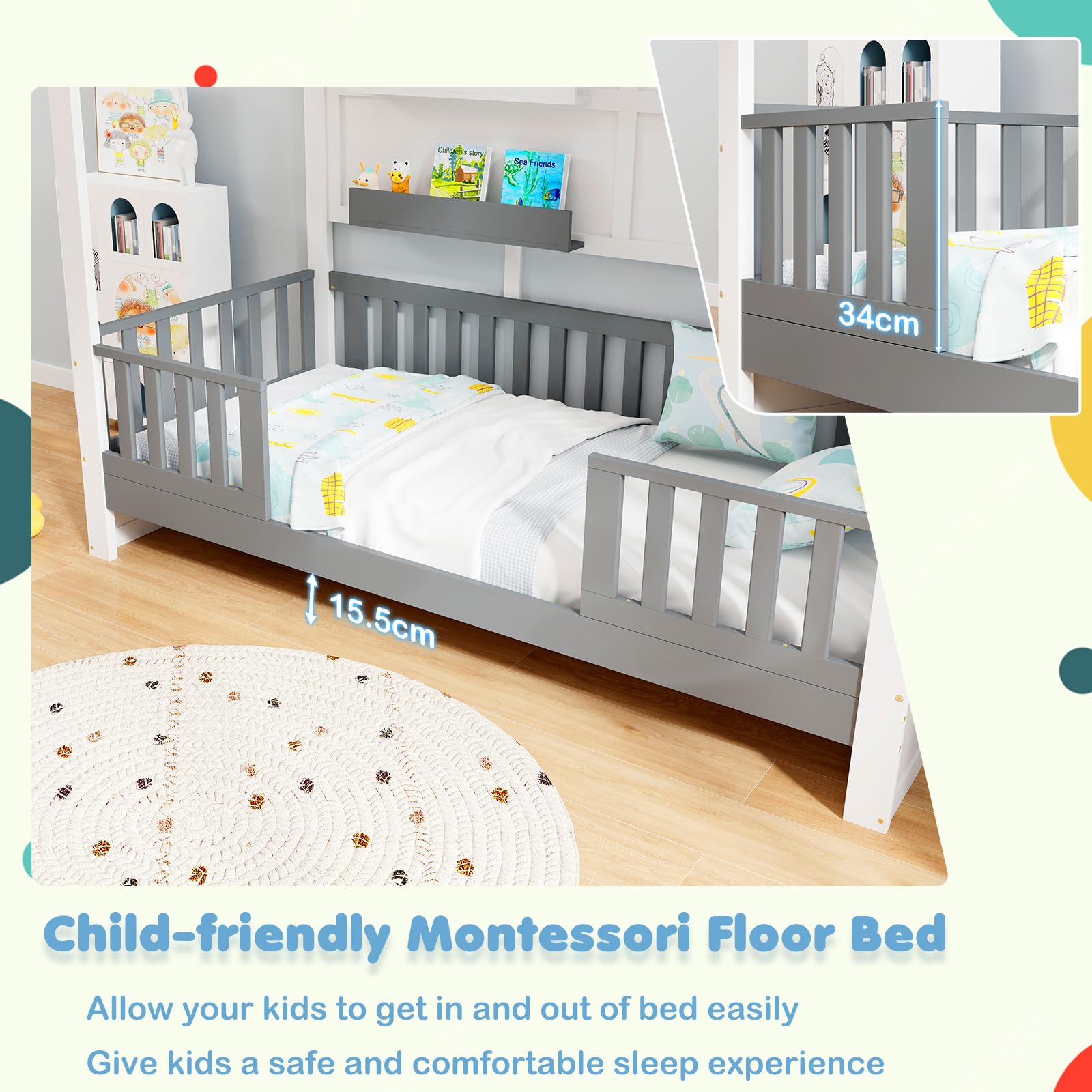 LIFEZEAL Letto Montessori per Bambini, Adulti, Struttura Letto a Casetta con Contenitore, 200x90cm, Telaio in Legno Massello, Rete, Telaio, Base, Piattaforma, Cameretta, Dormitorio