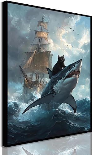 Arte de pared de gato negro de dibujos animados, gato negro retro contra tiburón, divertido póster con impresión de gato peculiar renacentista,