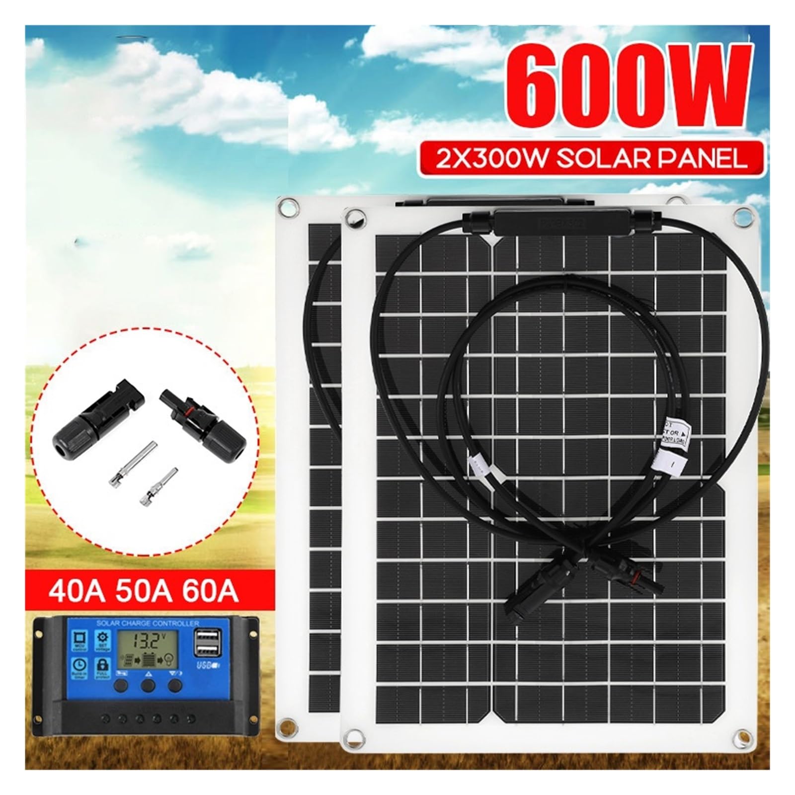 łAdowarka Z Panelem SłOnecznym Panel słoneczny Sun Power Bank ogniw słonecznych z osłoną złącza Kontroler słoneczny IP65 do telefonu Ładowarka do łodzi RV(300W Solar panel)