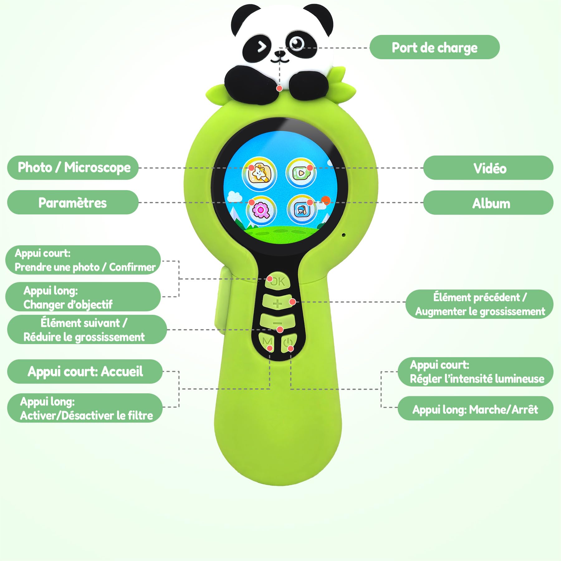 Microscope numérique 2 en 1 pour Enfants, Un Objectif Photo et Un Objectif de microscopique, Microscope Enfant 100X avec Carte mémoire 16GB, pour Petits explorateurs, Panda
