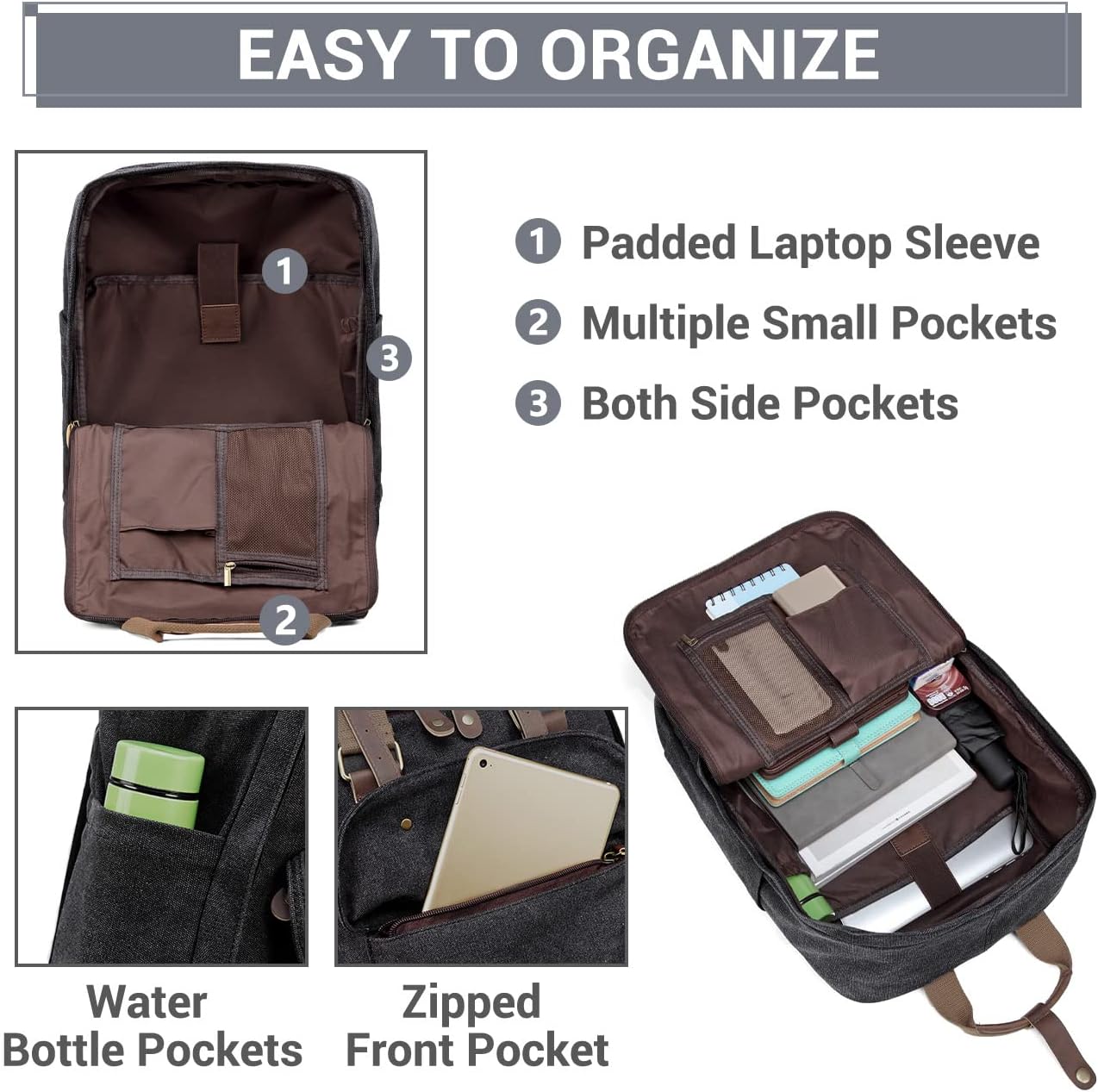 VASCHY Backpack for Men Women, Vintage Canvas Leather 15.6in Laptop Backpack Adult Rucksack for Work Travel Gray - Image 3