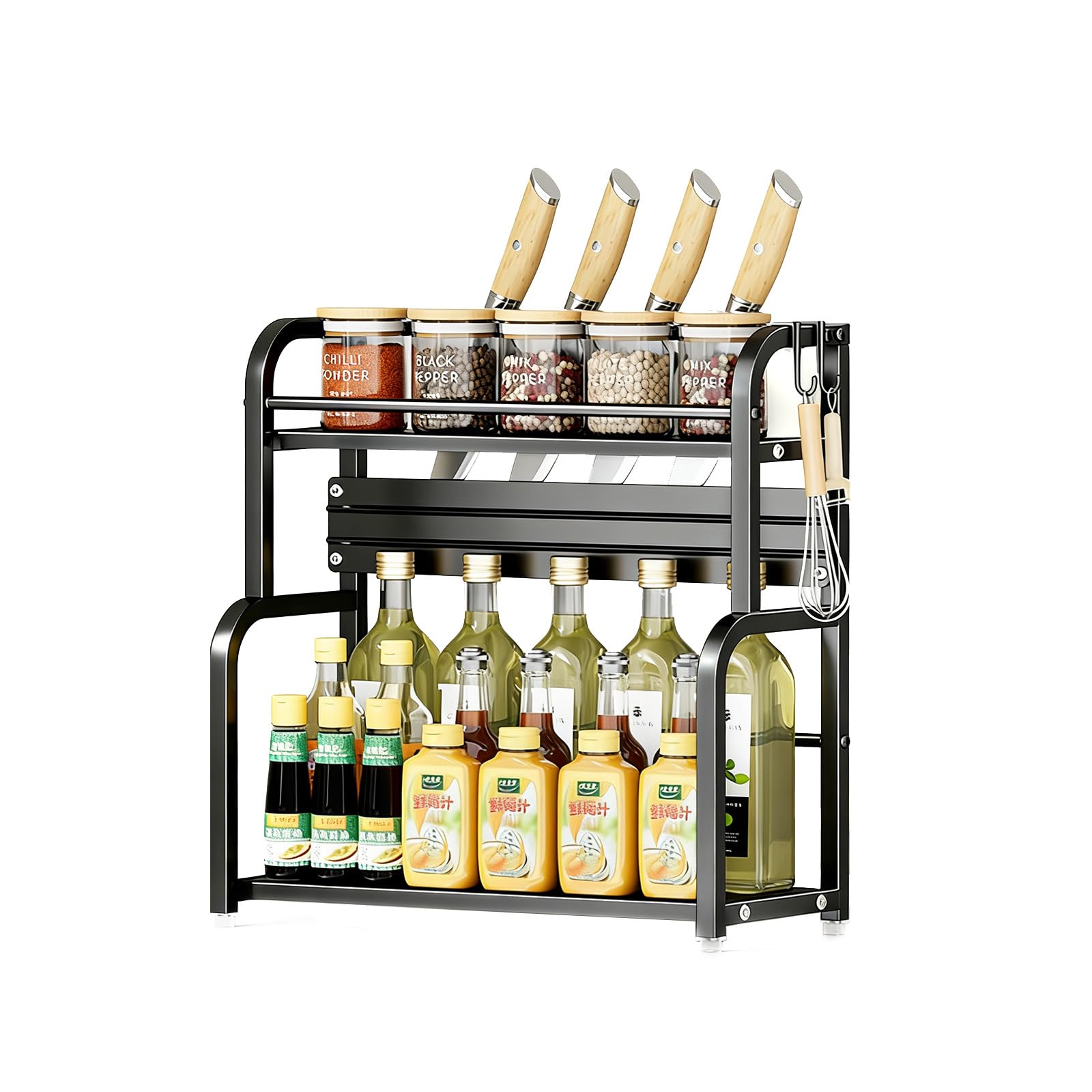 Llhong Black Spice Rack, Kitchen Storage & Organization Rack, Featuring Hooks & Utensil Slots, Kitchen Storage Rack, Ideal For Storing Coffee Cans, Spice Jars, Oil Bottles, Cutlery (2-Tier)