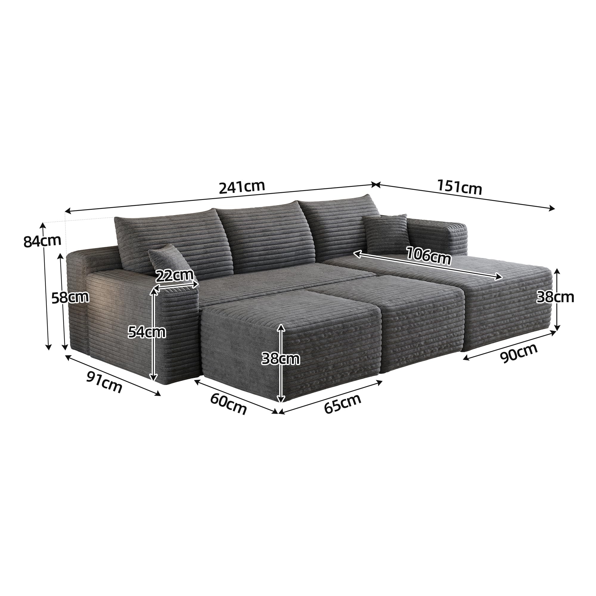 Sofá esquinero Convertible,sofá de Tres plazas,sofá Modular Compresible,no Requiere Montaje, cojín de Esponja de Alta Densidad 32D, Tejido de Pana