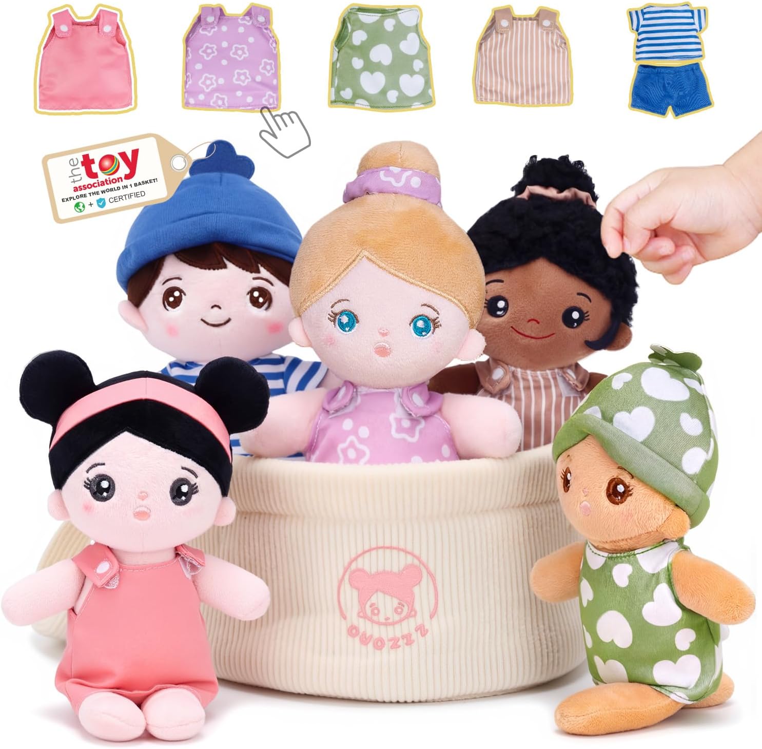 OUOZZZ Set of 5 Multicultural 8.8" Soft Plush Baby Dolls in Basket - Diversity Inclusion Toys for Toddlers Preschool Daycare