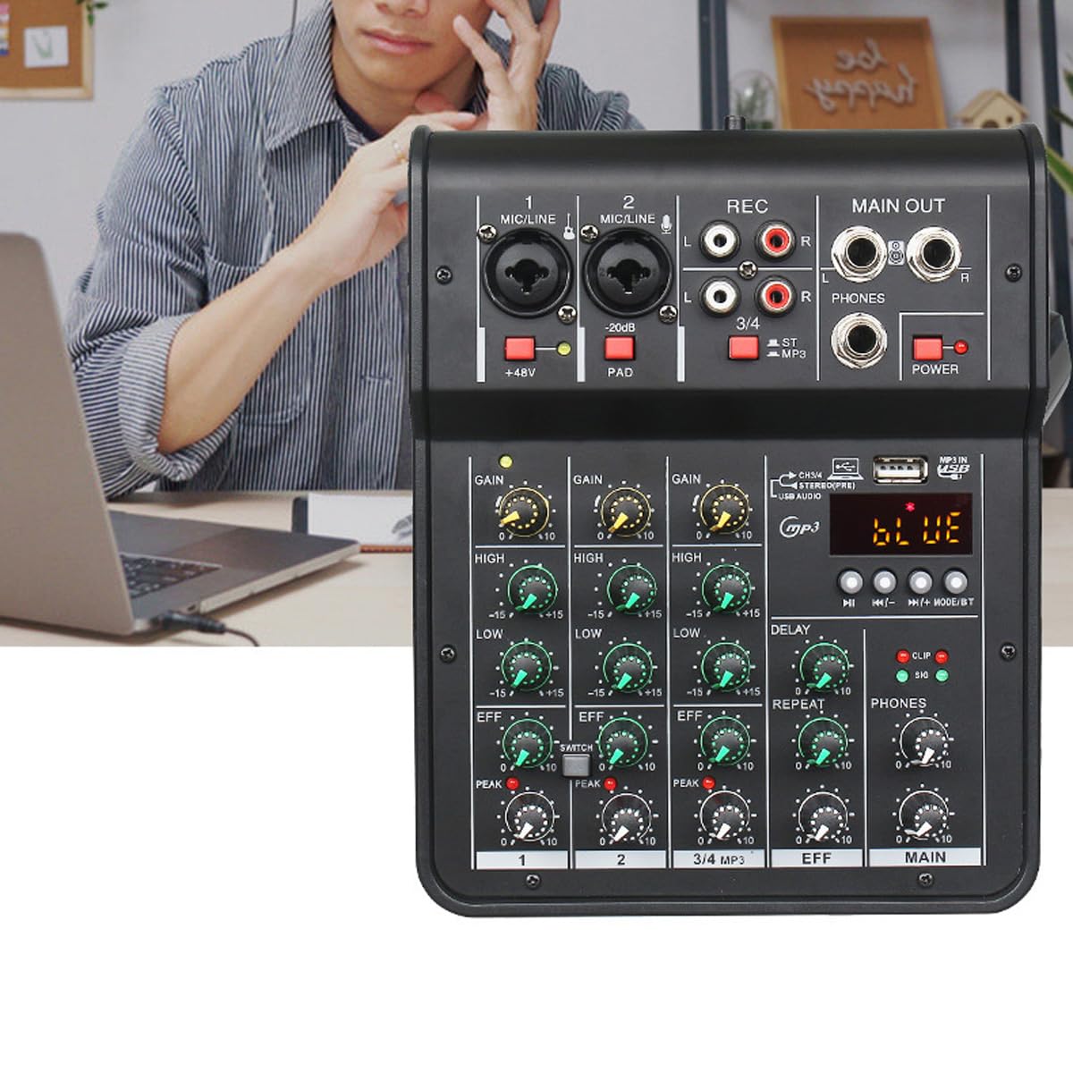 4-kanałowy mikser audio DJ, do mikrofonu komputerowego, miksera, audio do sceny studyjnej na żywo