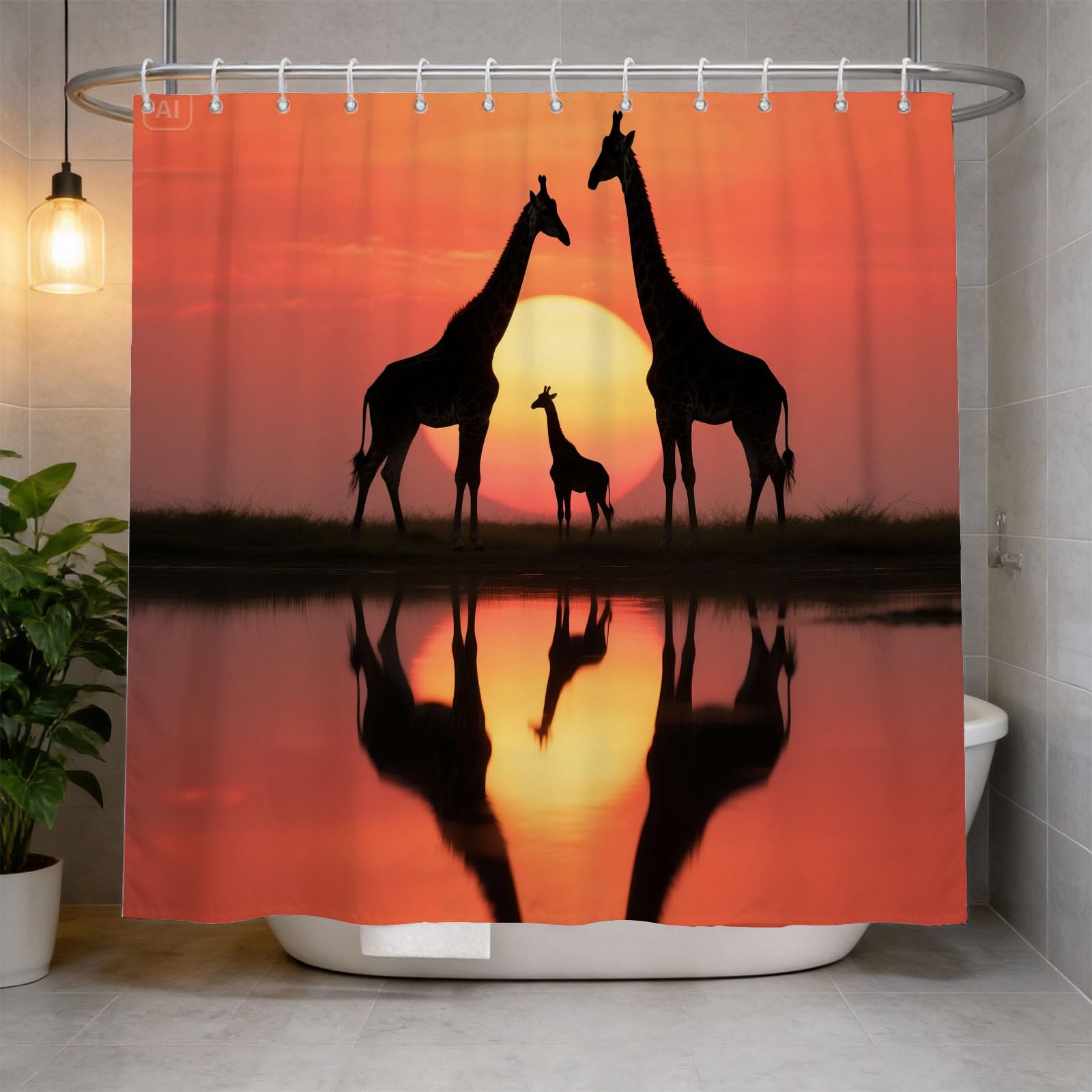 Hongduo 3D Giraffe Family Shower Curtain for Stalls Bathtubs African Grassland Bathroom Decor Shower Curtain Set Polyester Fabric Waterproof 180x180cm/71X71 Inch with Hooks