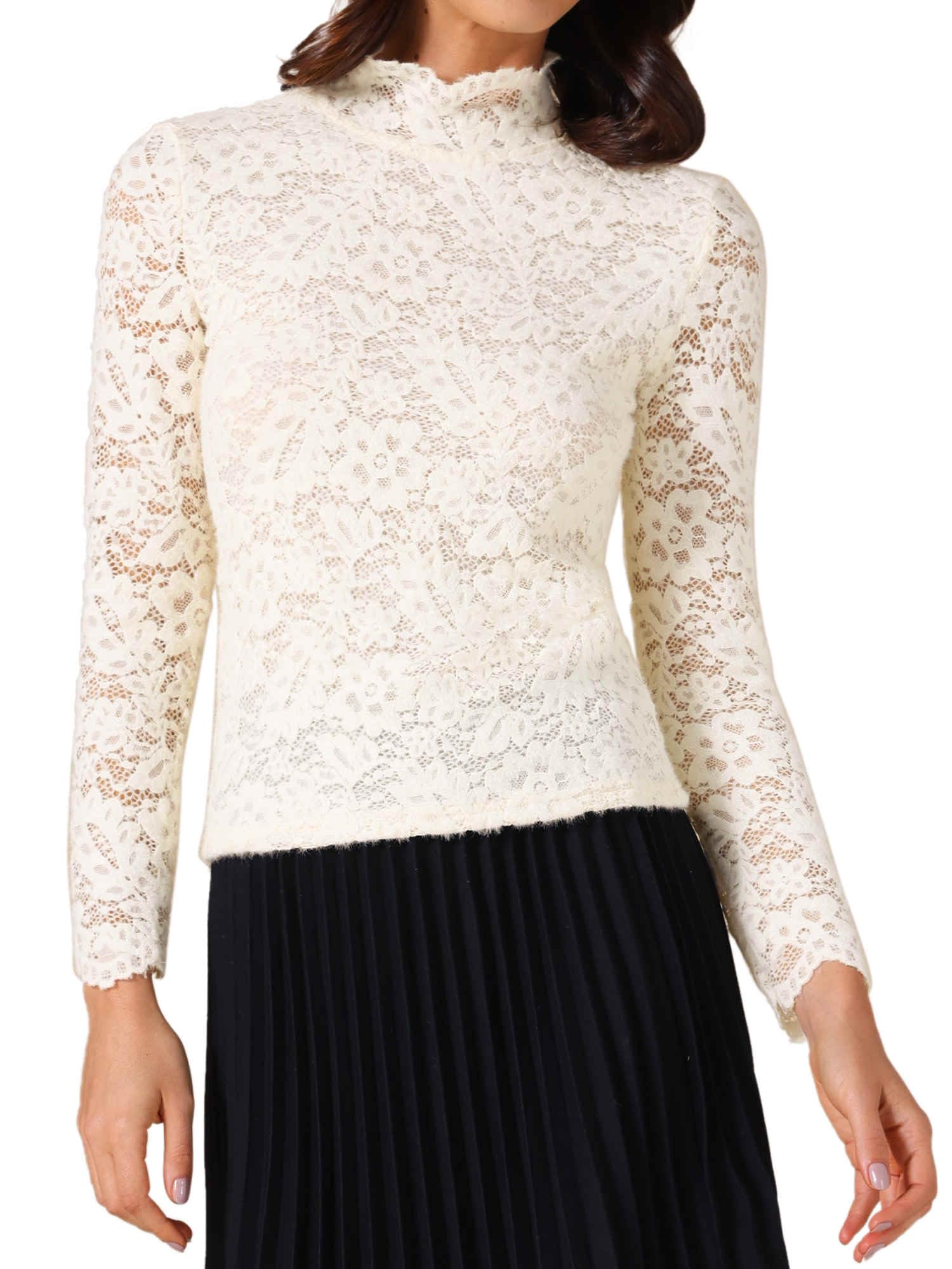 Allegra K Camicetta floreale da donna autunno inverno 2025 basic in pizzo a maniche lunghe con collo a volant