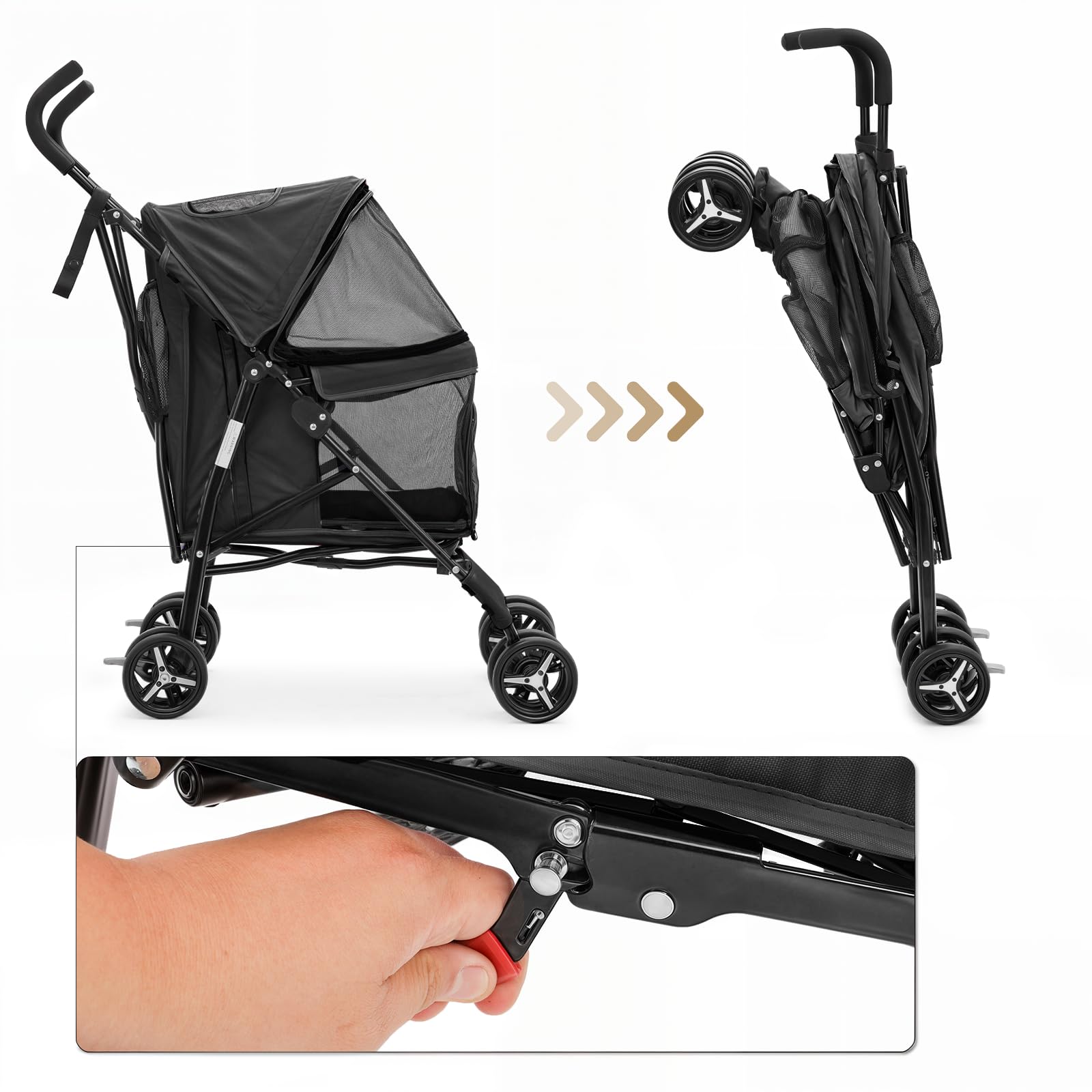 MoNiBloom 4 Wheels Pet Stroller, Easy-Fold Puppy Cage Jogger Stroller with Sun Cover, Pad and Rear Storage Bag, Breathable and Visible Mesh for Small/Medium Pets up to 22 lbs, Black - image 7