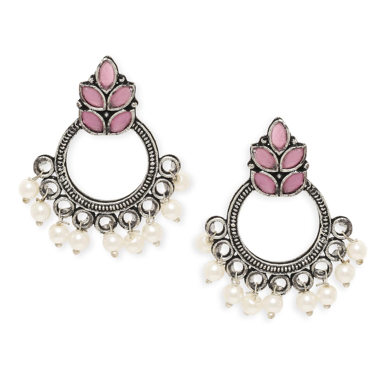 fabula Jewellery Oxidised Silver Look Alike Pink Stone & Pearls Floral Design Ethnic Small Drop Earrings For Women & Girls Stylish Latest (EJAM65_AFR1) (B0CKBPS3LR) Amazon Price History, Amazon Price Tracker
