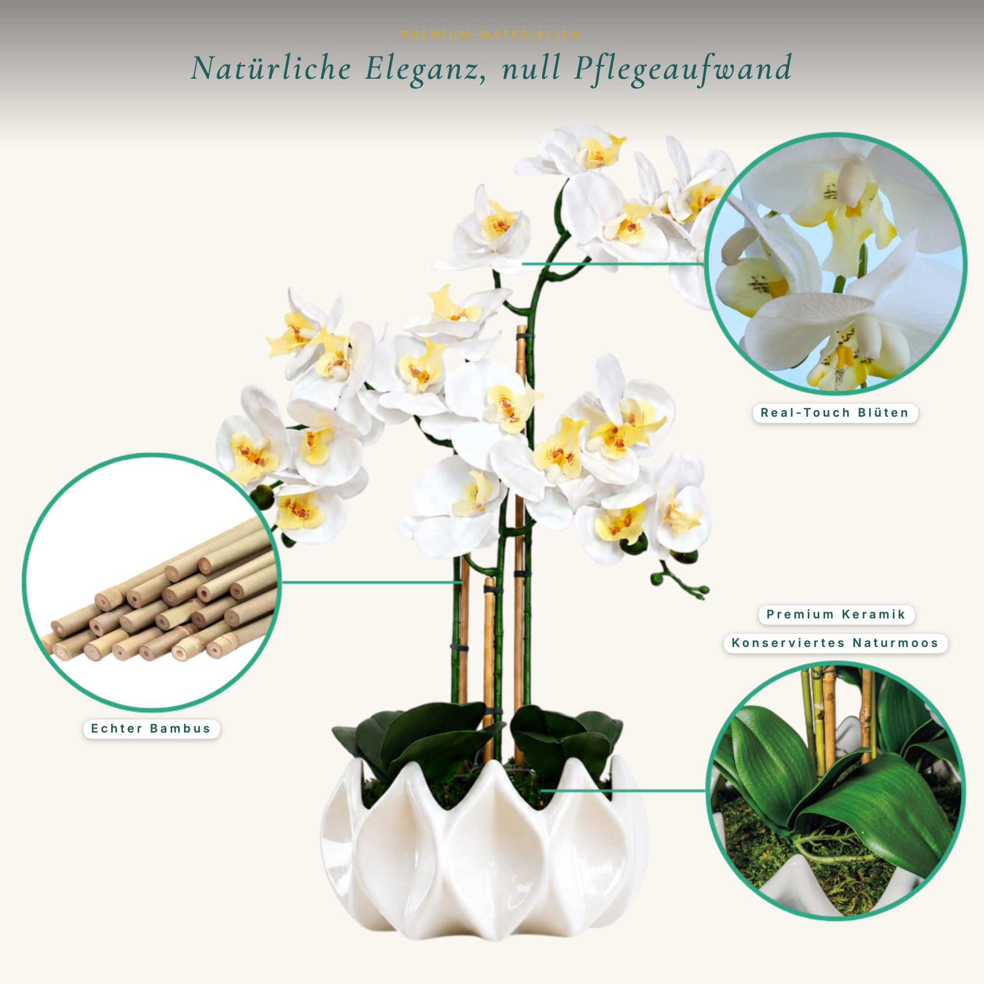 Künstliche Orchideen wie echt 70 cm – Handgefertigte Phalaenopsis Kunstorchidee im weißen Keramik-Topf mit echtem Bambus, pflegefrei ohne Gießen – Deko (Weiß)