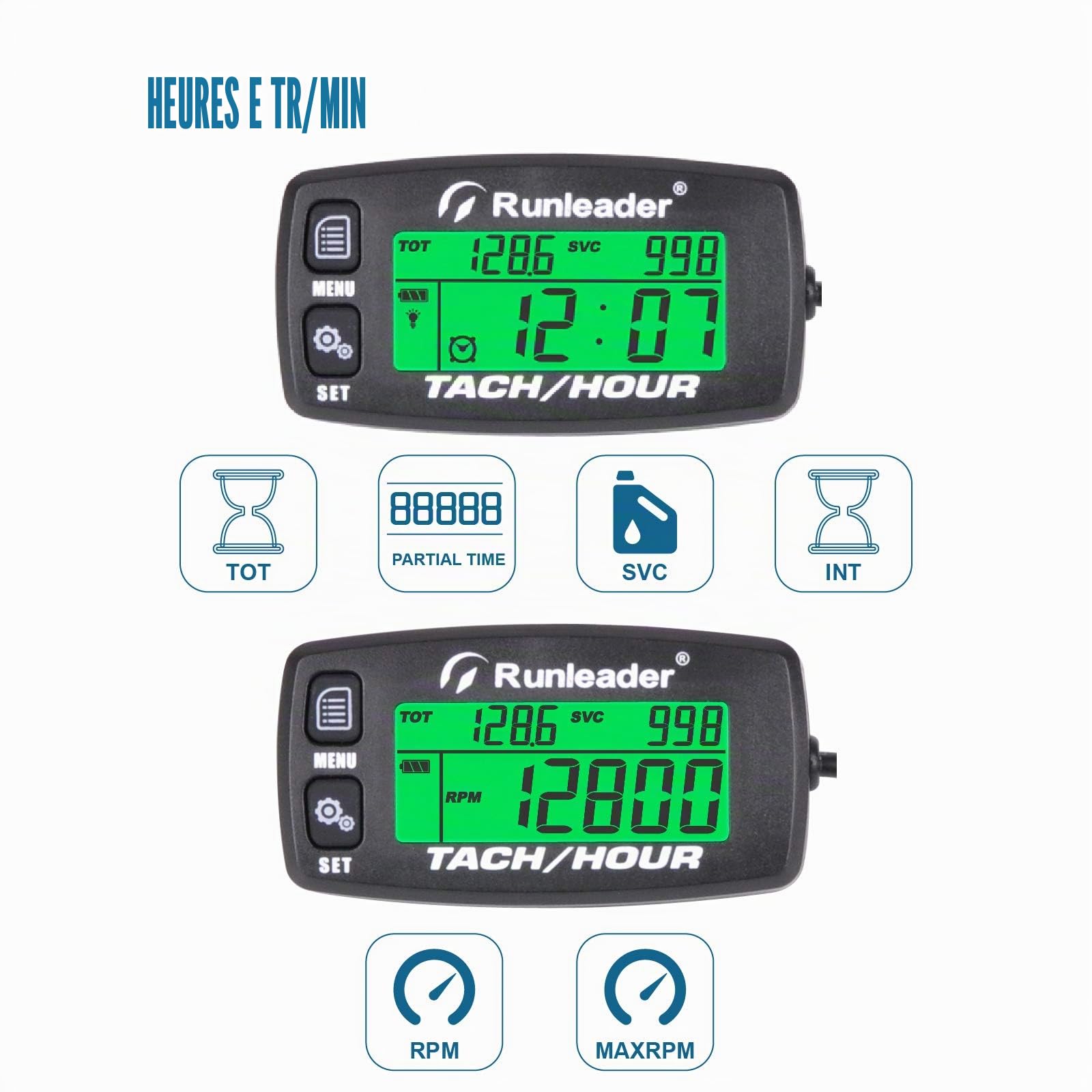 Runleader Tachymètre Numérique Pour Moteur Essence (Bouton Noir) | Enregistrement Heures Et RPM,Compteur D'Heures Rétroéclairé,Pile Remplaçable Pour Tracteur Tondeuse,Générateur,Compresseur