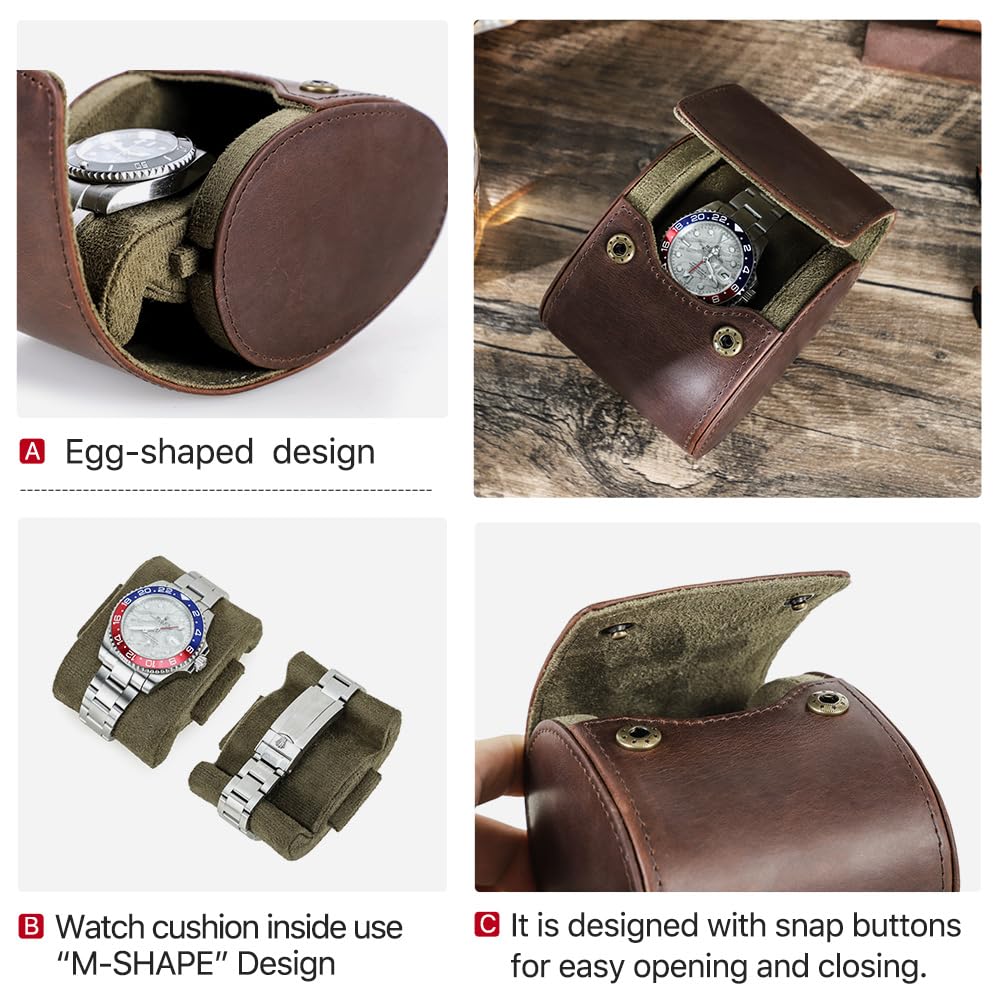 Hiram Custodia da viaggio per orologio, Scatola portaorologio in vera pelle per 1 orologio con cuscino rimovibile, Organizer protettivo portatile per orologio