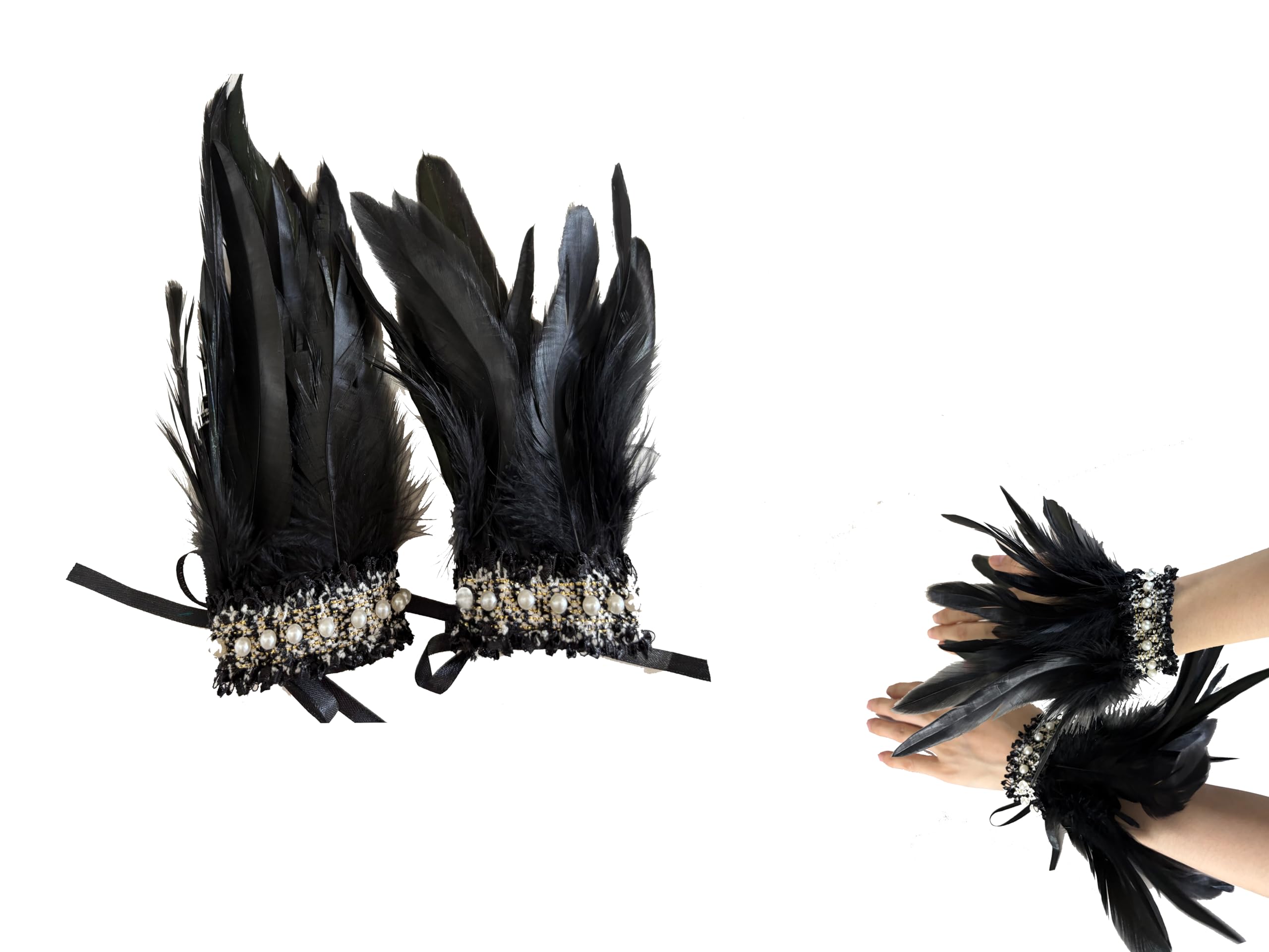 Yoodeet Women Lace Feather Wrist Band Black Wrist Bands Novelty Gloves Costume Accessories (Black, One Size) - Image 3