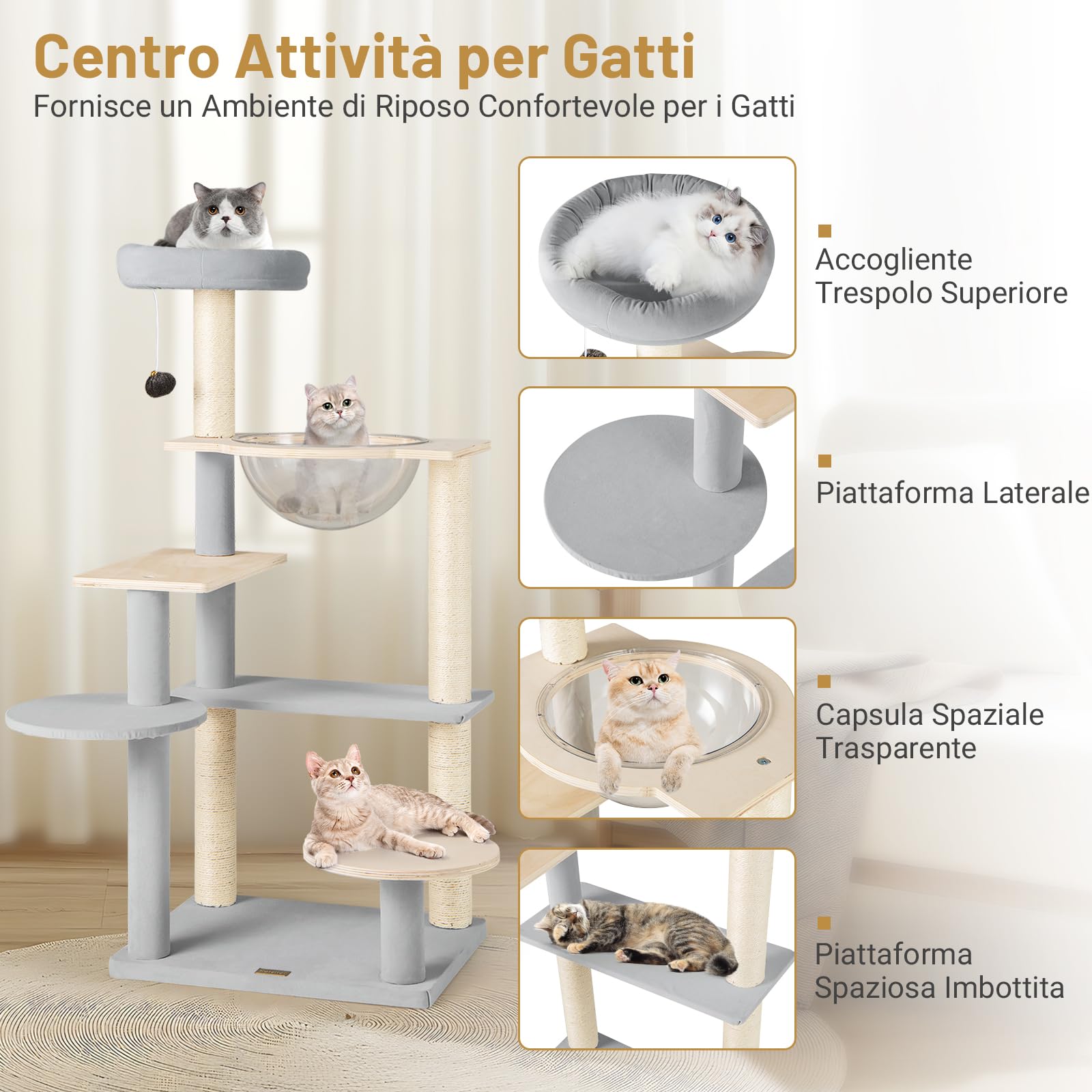 GYMAX Albero per Gatti, 50 x 40 x 113 cm, Piattaforme per Salti, Posatoio Superiore, Capsula Spaziale, Torre con Tiragraffi, Giocattolo Sospeso con Campanella per Gatti Adulti e Gattini