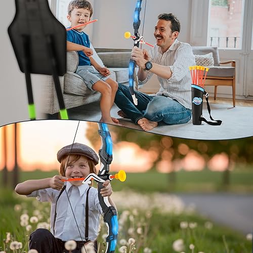 Miniatura 30 de Juego de juguetes de tiro con arco para niños, juego de arco y flecha con luz LED con 10 flechas de ventosa, objetivo de pie y carcaj