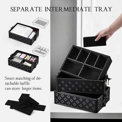 Vista 12 de Adazzo Maleta de maquillaje 4 en 1 con ruedas para cosméticos, caja de tecnología de uñas para artistas de maquillaje, estilistas, estuche de Negro