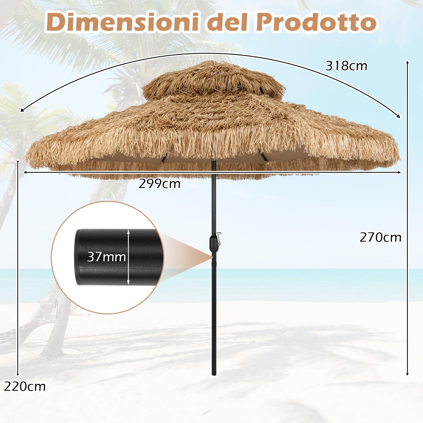 GYMAX Ombrellone Paglia PE 3x3 M, in a 12 Strati, Inclinazione 30° con Manovella Manuale, Tettoia Ventilata, 8 Costole, Stile Hawaiano, per Piscina, Patio, Spiaggia, Giardino