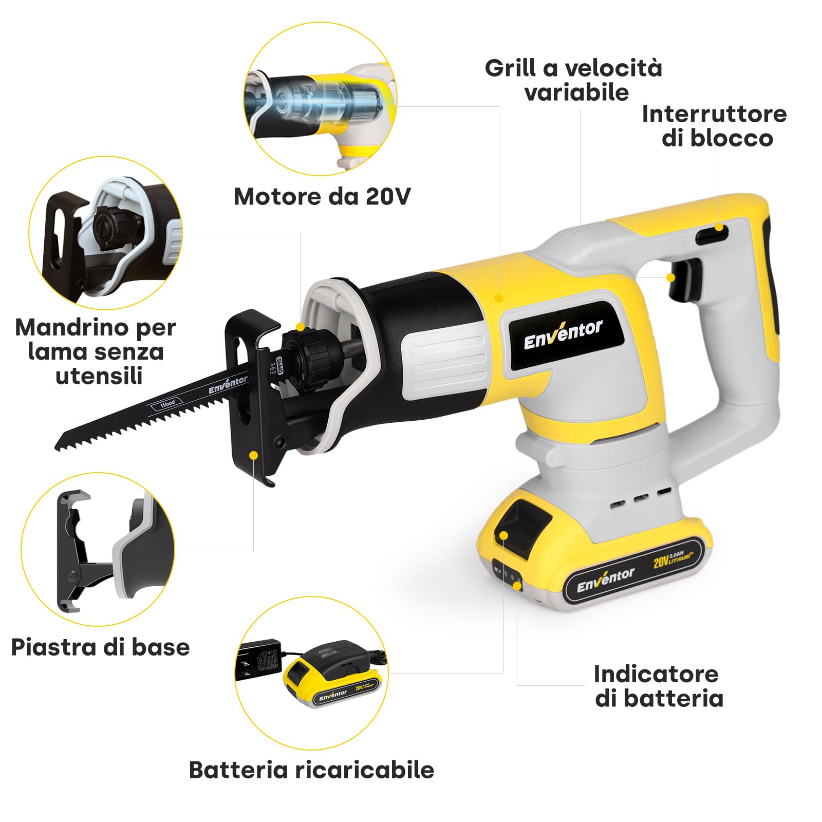 Enventor 20V Gattuccio a Batteria, Sega a Gattuccio con 2x2.0Ah Batterie, 5 Lame, Velocità Variabile 0-3000SPM, Taglio Massimo 115mm, Per il Taglio di Legno e Metallo