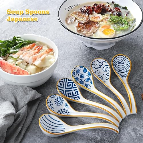 Miniatura 4 de Juego de 6 cucharas de sopa, bolas de masa para sopa asiática, juego de cucharas japonesas con fondo antideslizante para ramen, wonton chino,