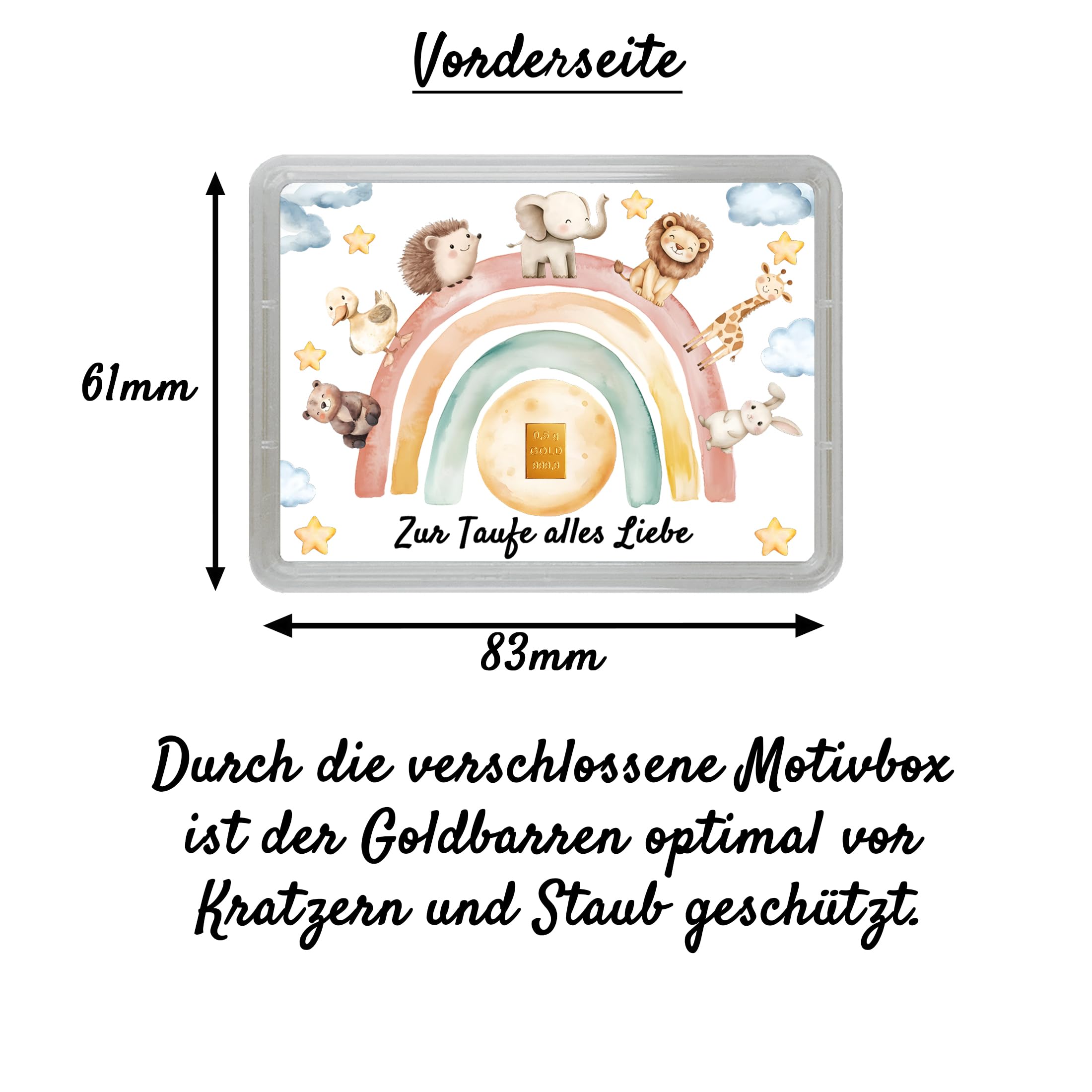 Motivbox zur Taufe mit 0,5g Goldbarren – „Zur Taufe alles Liebe“ – niedliche Tiermotive – Echtheitsgarantie von Goldstücke24 – Geschenkidee für Taufe mit goldener Grußkarte & Geschenkbeutel
