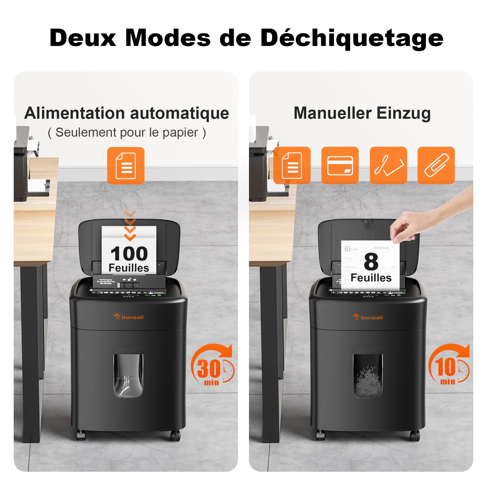 Bonsaii Destructeur de Documents Coupe Micro-particulaire P4, Alimentation Automatique 100 Feuilles, 30 Min Continu, 16L, C231-D