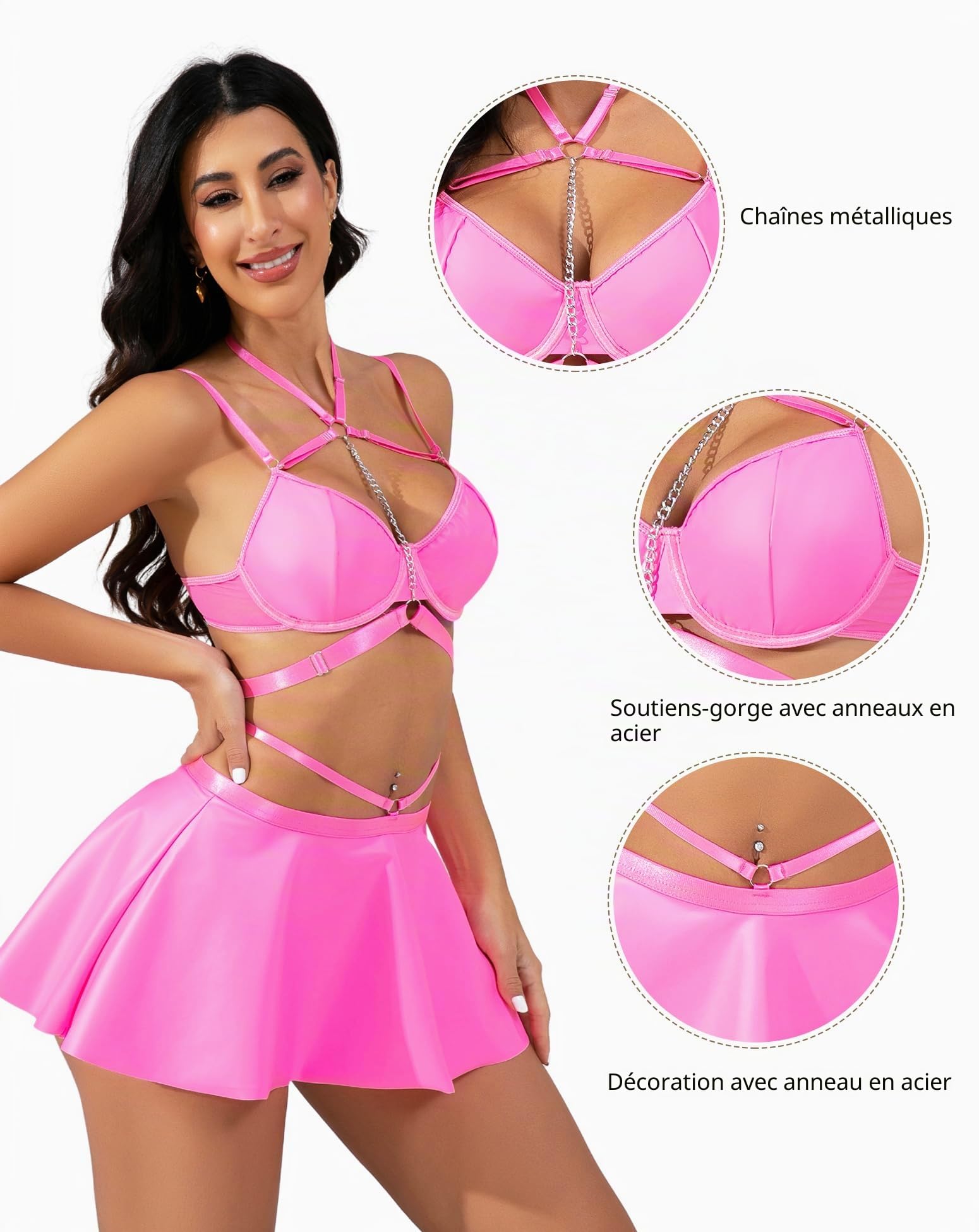EVELIFE Ensemble de robes sexy en cuir pour femme, dos nu avec chaîne en métal, soutien-gorge push-up, effet mouillé, sous-vêtements courbés, élégants, en cuir synthétique, pour fête, rave, club, mini
