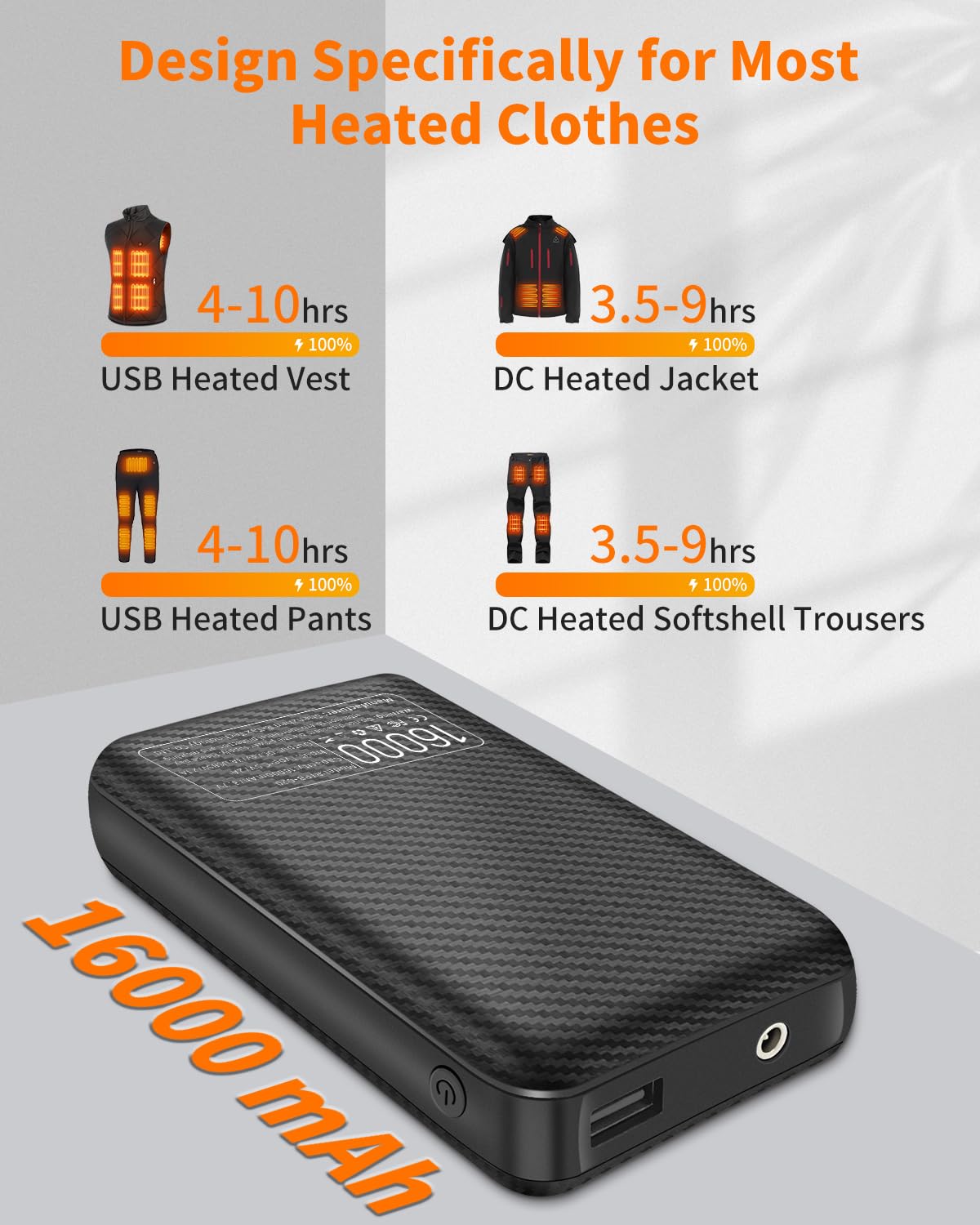 FERNIDA 16000mAh Power Bank 7.4V DC & 5V USB Powerbank für Heizweste Hose