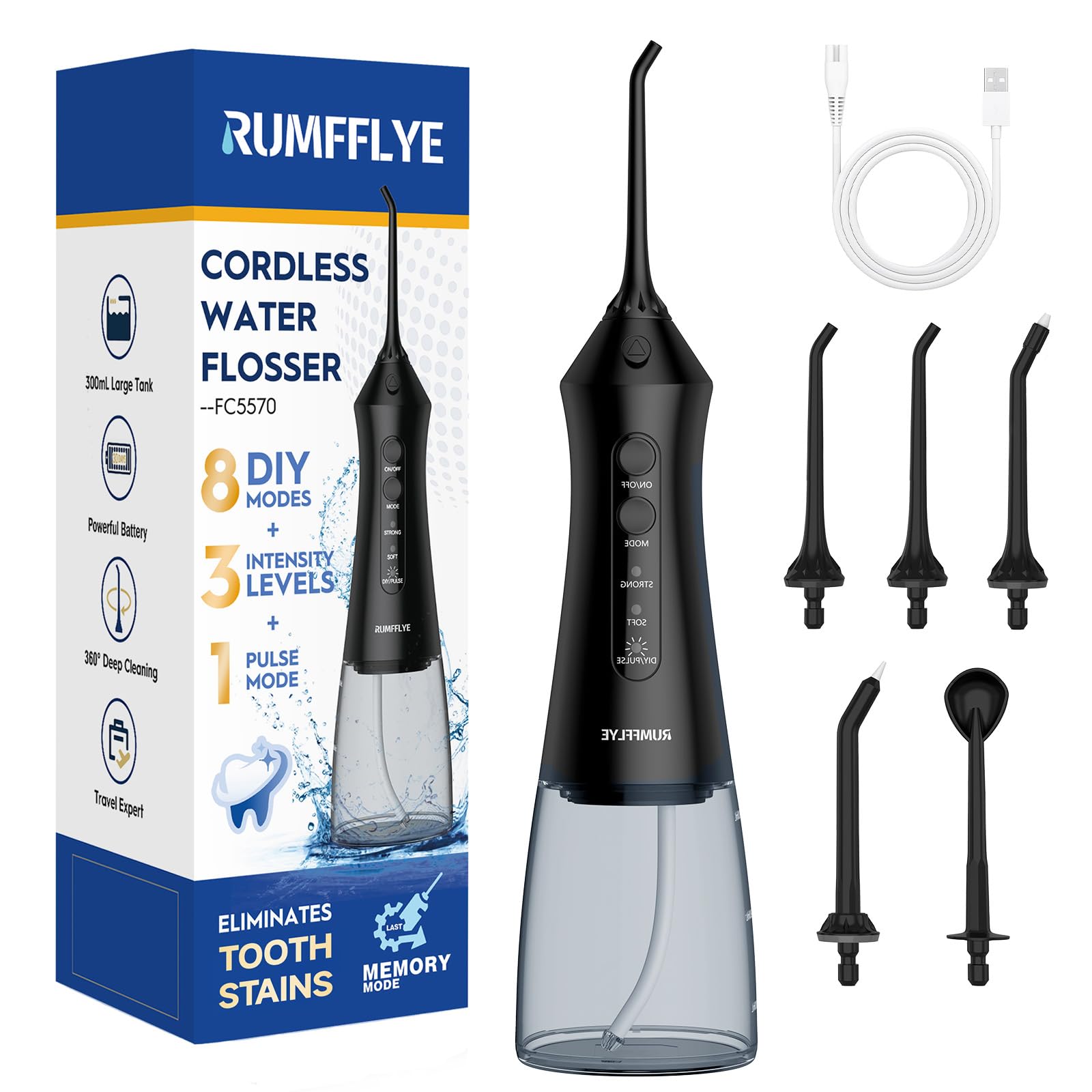 RUMFFLYE Water Dental Flosser Teeth Pick 300ML Portable Cordless Oral Irrigator for Teeth Cleaning with 4 Modes 5 Jet Tips 12 Pressure Settings