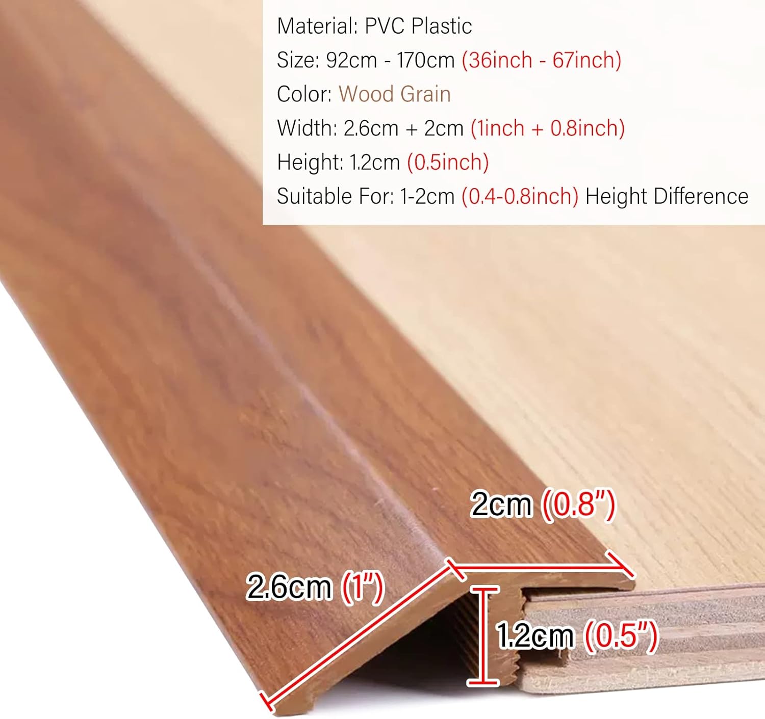 ETULLE PVC Floor Transition for Uneven Floors 1/2 Transition, Indoor Outdoor Doorway Threshold Reducer with Wood Grain, 36 40 50 60 67 Inch Edge Trim Molding (Color : A, Size : W 4.6CM - L 127cm/