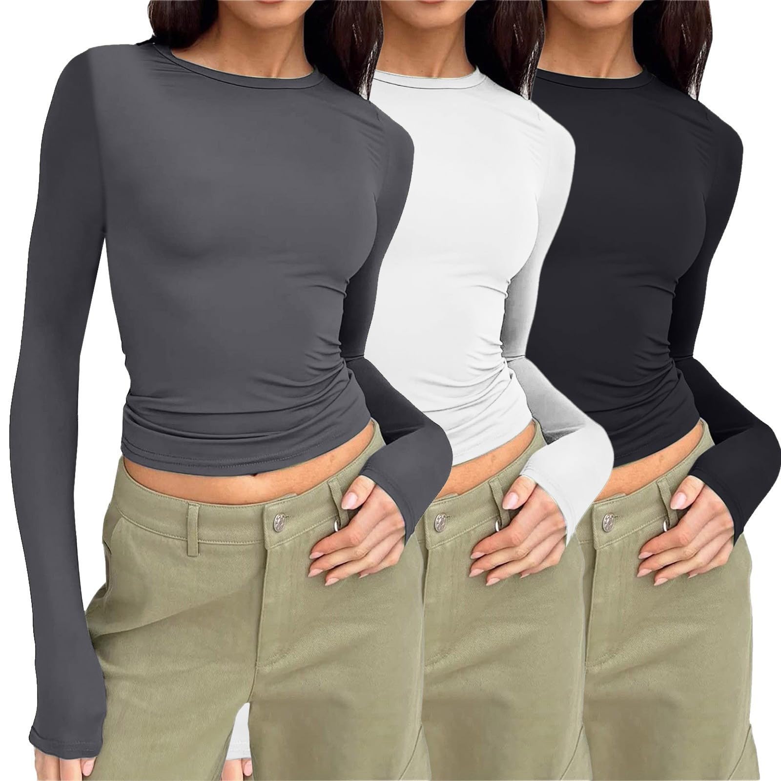3er Pack T-Shirt Damen Rundhals Tshirt Eng Damen Basic Y2k Top Einfarbig Shirt Kurzarm/Langarm Slim Fit Tshirts