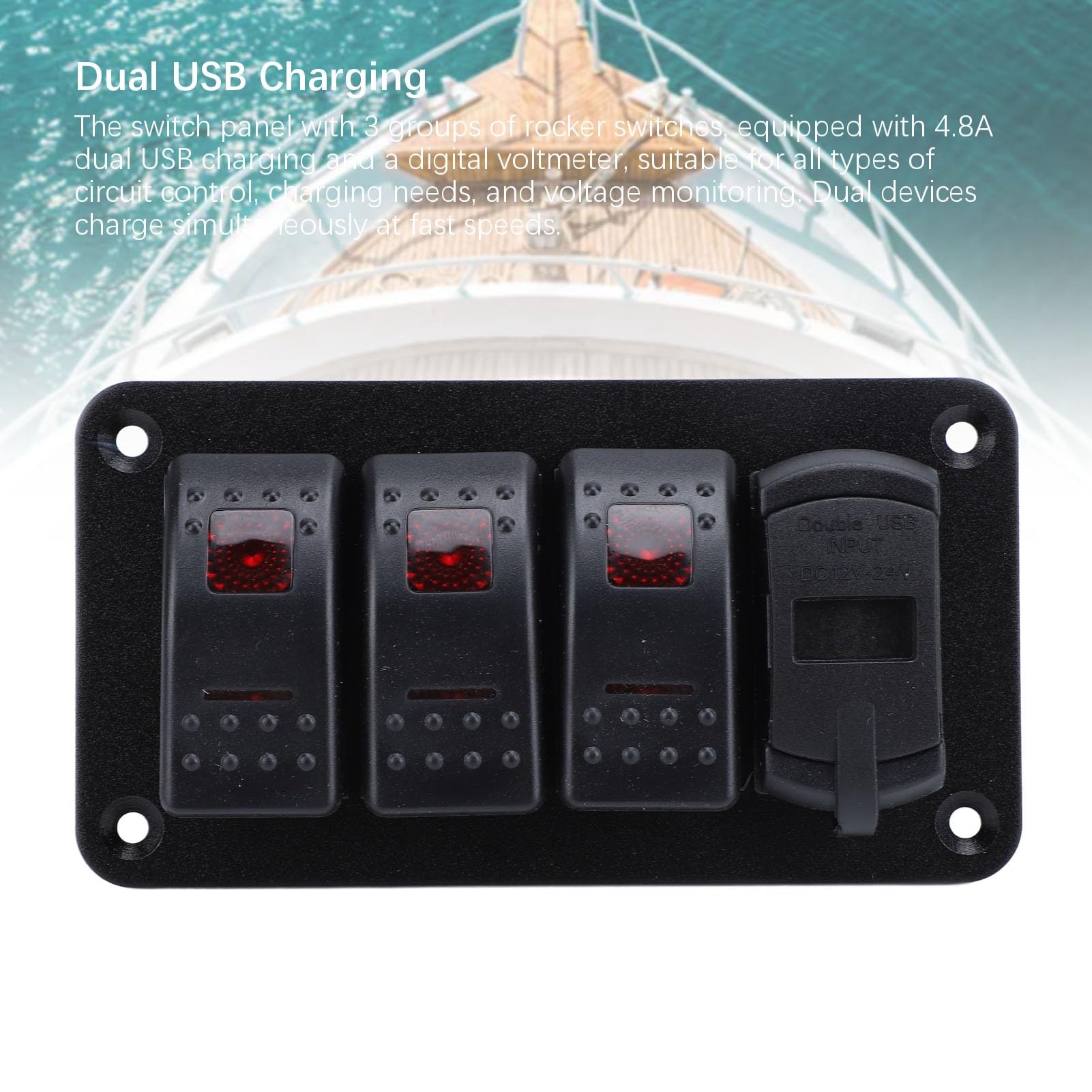 Akozon 3 Gang Rocker Switch Aluminiowy Panel, Morska Ciężarówka łodzi Podwójna ładowarka USB Voltmeter 12V 24 V z Nocnymi Naklejkami, Przykrywki Wodne Niebieska (Czerwone światło)