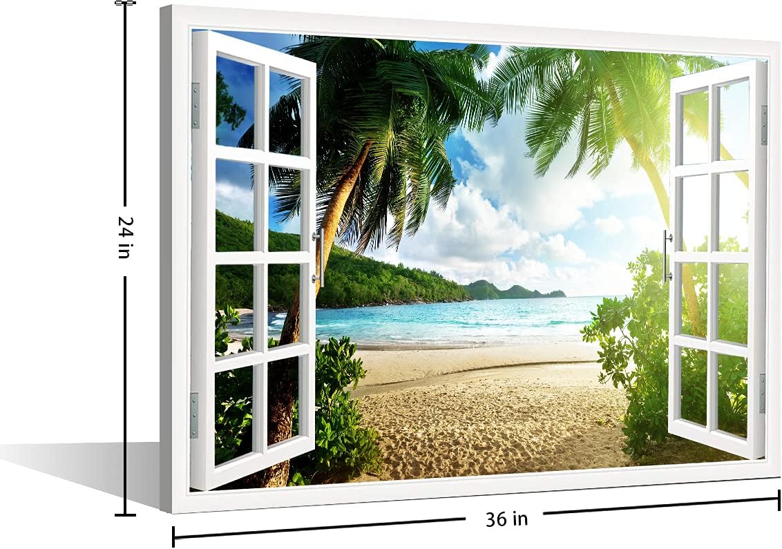 TISHIRON Wall Art Beach Sunset 3D Window View Effect For Home Modern Decoration Painting Pictures Print On Canvas Wooden Frame Ready To Hang(36X24in) - Image 3