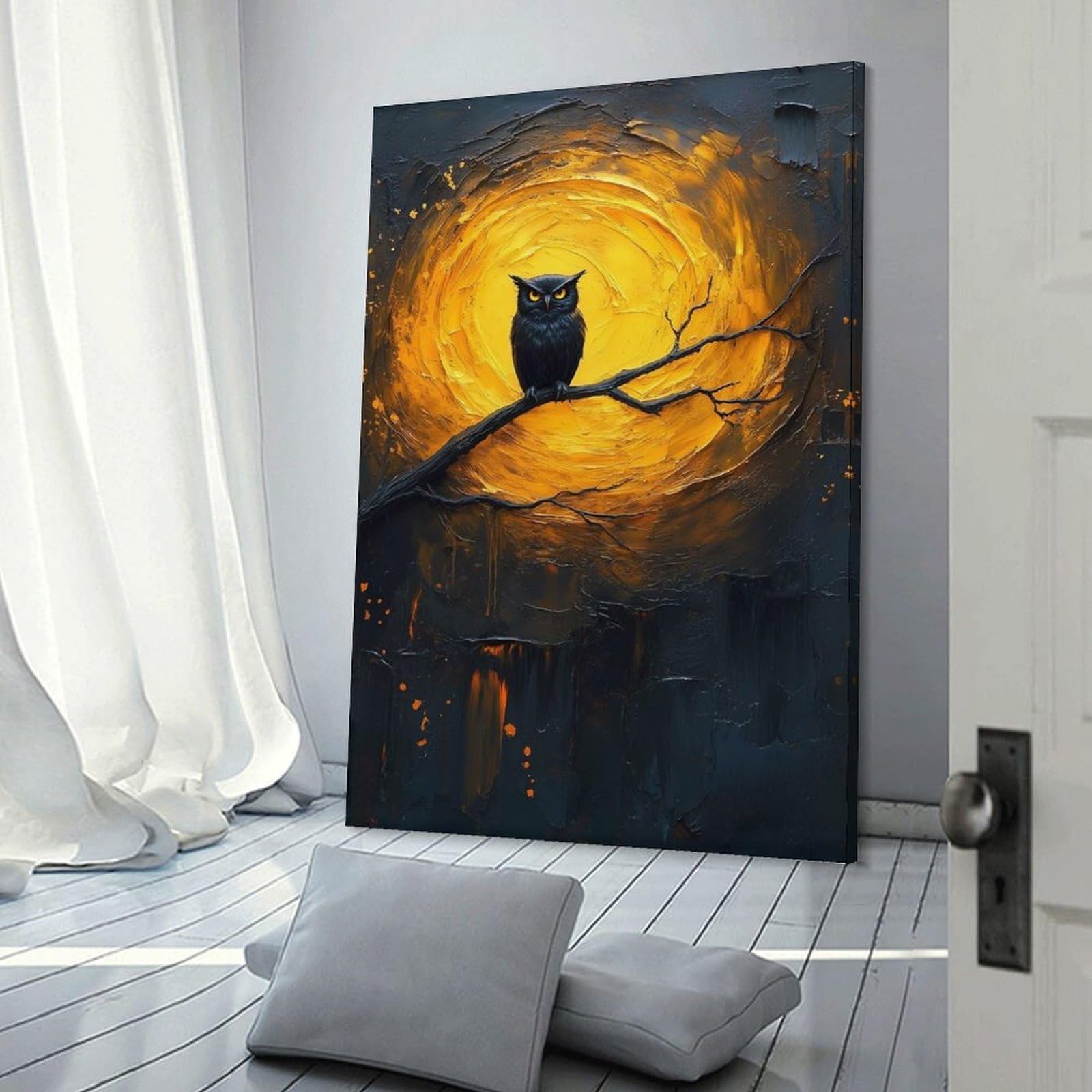 Junmoney Canvas Art Print Owl Perched on Branch, Full Moon, 16x24inch(40x60cm), for Office, Study Or Home Workspace, Home Office Artwork with Decorative Appeal