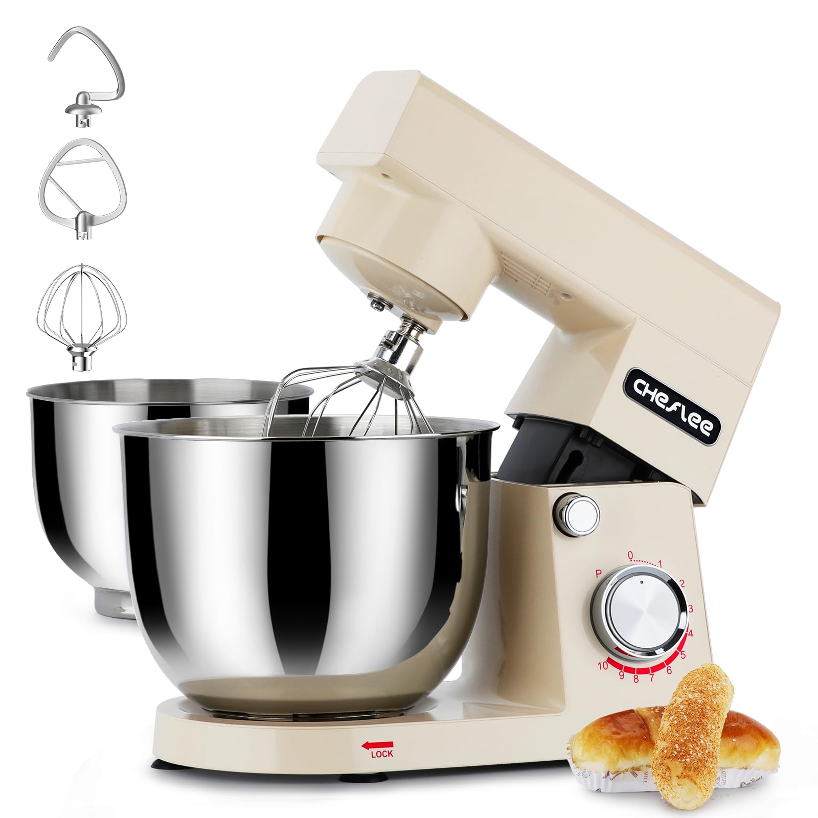 CHeflee Impastatrice Planetaria 1500W Robot da Cucina Multifunzione con 4,5 e 5,5 L Ciotola in Acciaio inox,10 velocità,con Gancio per Mescolare,Gancio per Impastare Impastatrice Professionale(Crema)