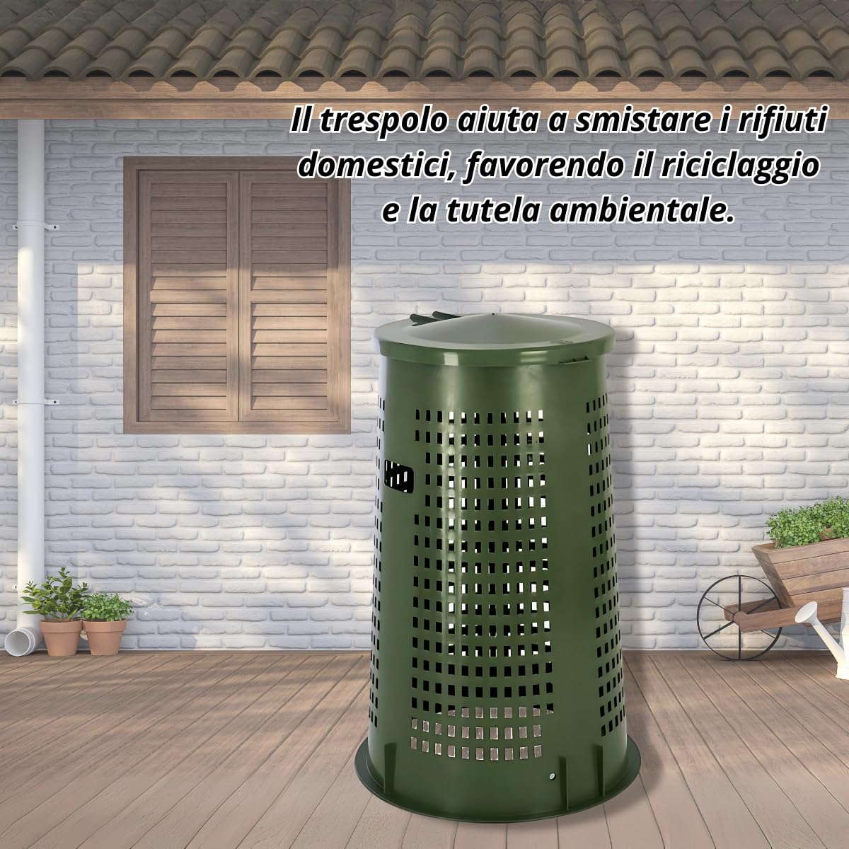 Tomaino - Bidone Spazzatura Esterno 110 lt con Coperchio - Trespolo Porta Rifiuti con Reggi Sacco per Raccolta Differenziata (Verde senza pedale)