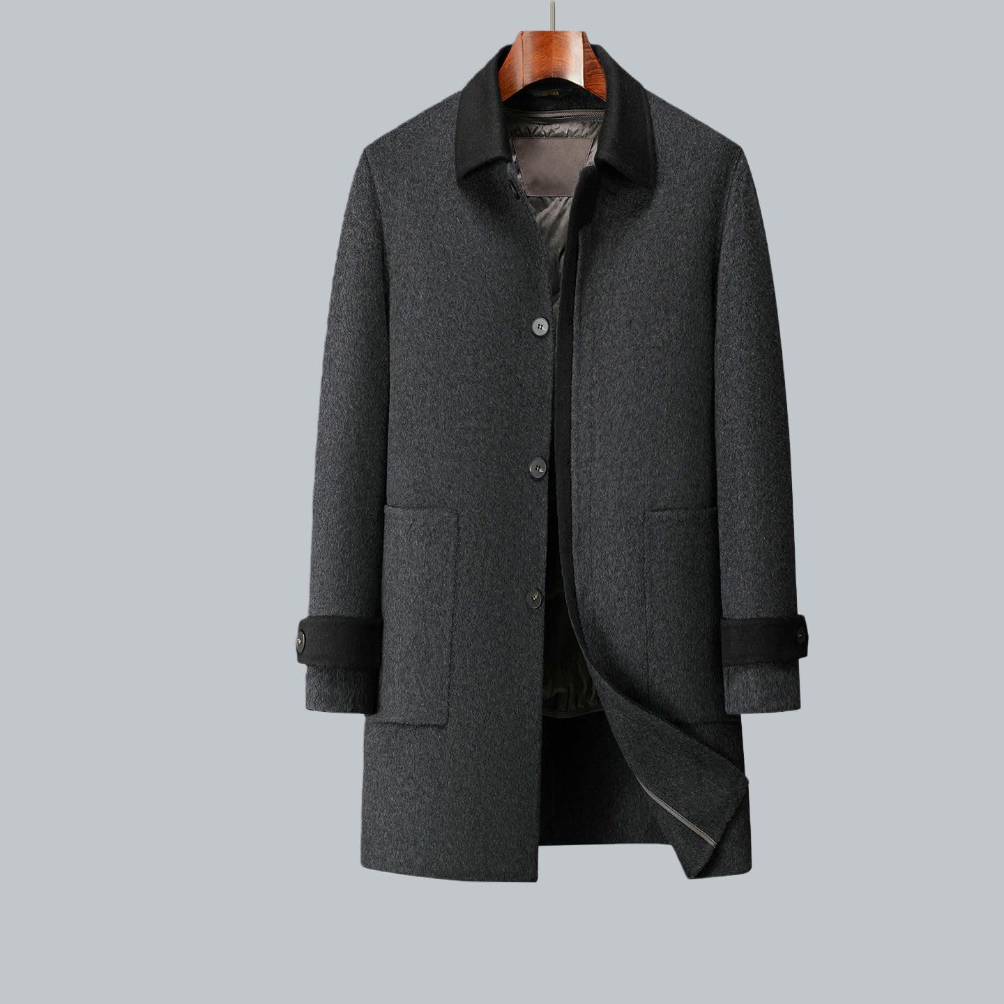 Cappotto casual da uomo con risvolto in lana double face spesso autunno inverno con fodera in piuma