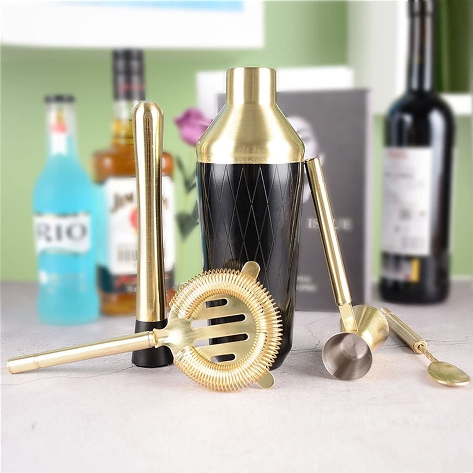Mezclador de Vino Cocktail Shaker Bar Set con Accesorios - Kit de Martini con Jigger de medición y Cuchara de Mezcla, colador, Herramientas de Barra Profesional de Muddler Coctelera(B)