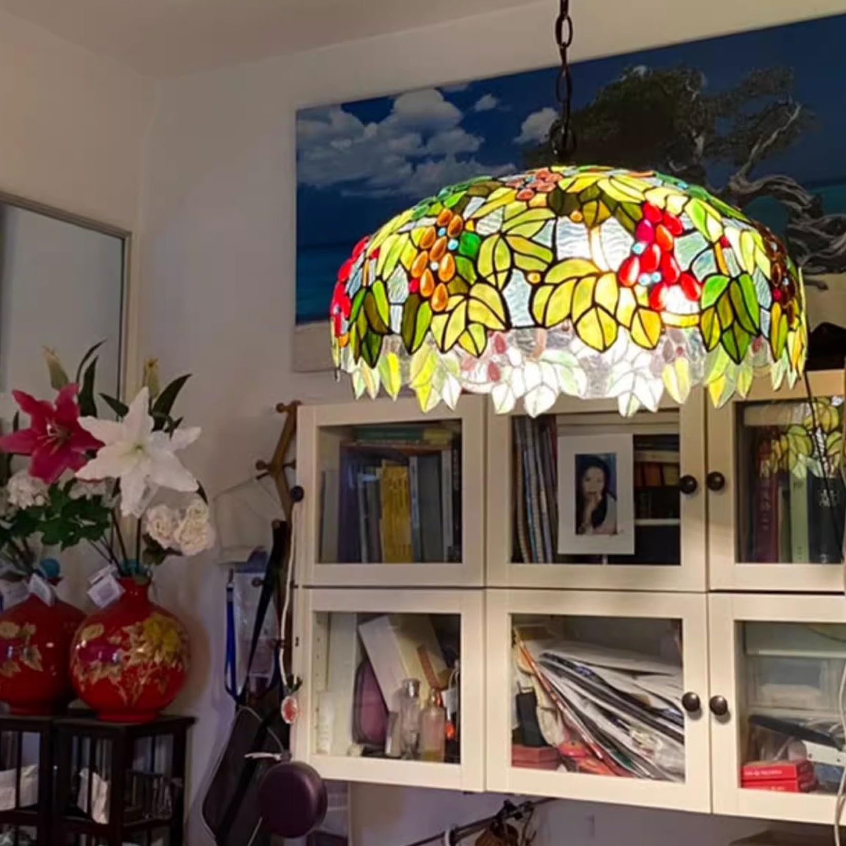 Klosz Lampy Tiffany Do Lampy Stołowej, Lampy Podłogowej, Tylko 20-Calowy Szeroki Klosz Z Witrażu Do Lampy Biurkowej, Lampa Wisząca, Kwiat Wiśni(Winogrono)