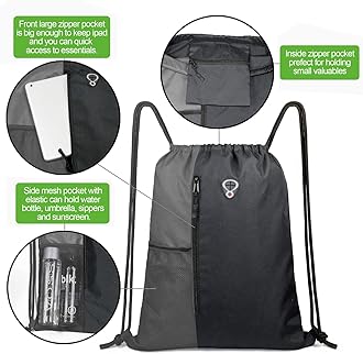 BeeGreem Grey Sport Bag Drawstring Backpack String Bag For Men Women Gym Backpack With Water Bottle Mesh Pockets And Two Zipper Pockets 16" x 20"