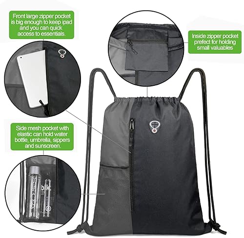 Miniatura 4 de Mochila con cordón, con estilo deportivo, bolsa de gimnasio para mujeres, hombres y niños, bolsa de gran tamaño con zíper y bolsillos de malla para