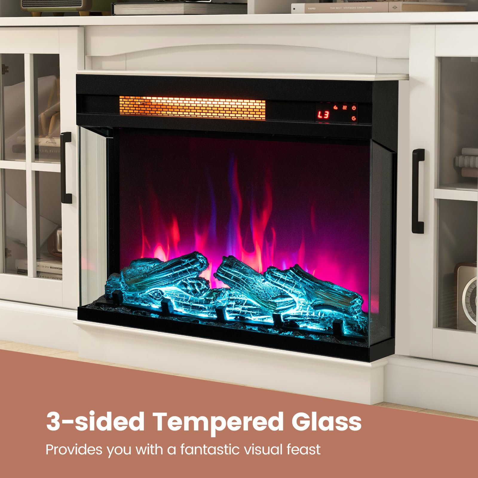 RELAX4LIFE 23’’ 3-Sided Glass Electric Fireplace - 1500W Fireplace Heater w/8 Flame, Adjustable Brightness, 9H Timer, Remote Control, Overheat Protection, Recessed Electric Fireplace Inserts (23-inch)