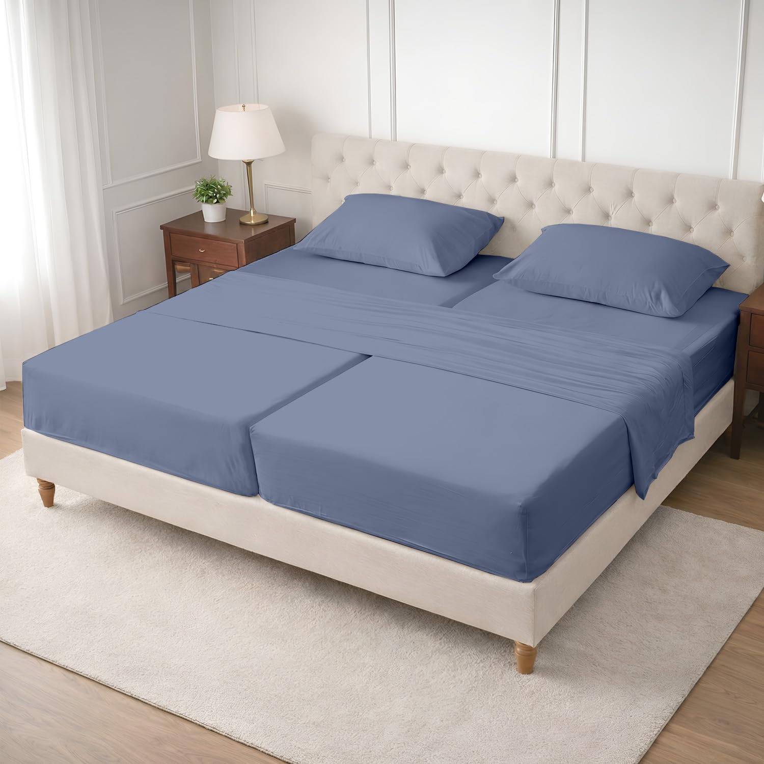 SGI Split King Sheet Set for Adjustable Bed Egyptian Premium Cotton 600 Thread Count Sheet for Sleep Number Bed 15" Deep Pocket 5 Pc Set with 2 Twin XL Fitted Sheets Soft Breathable Mediterranean Blue