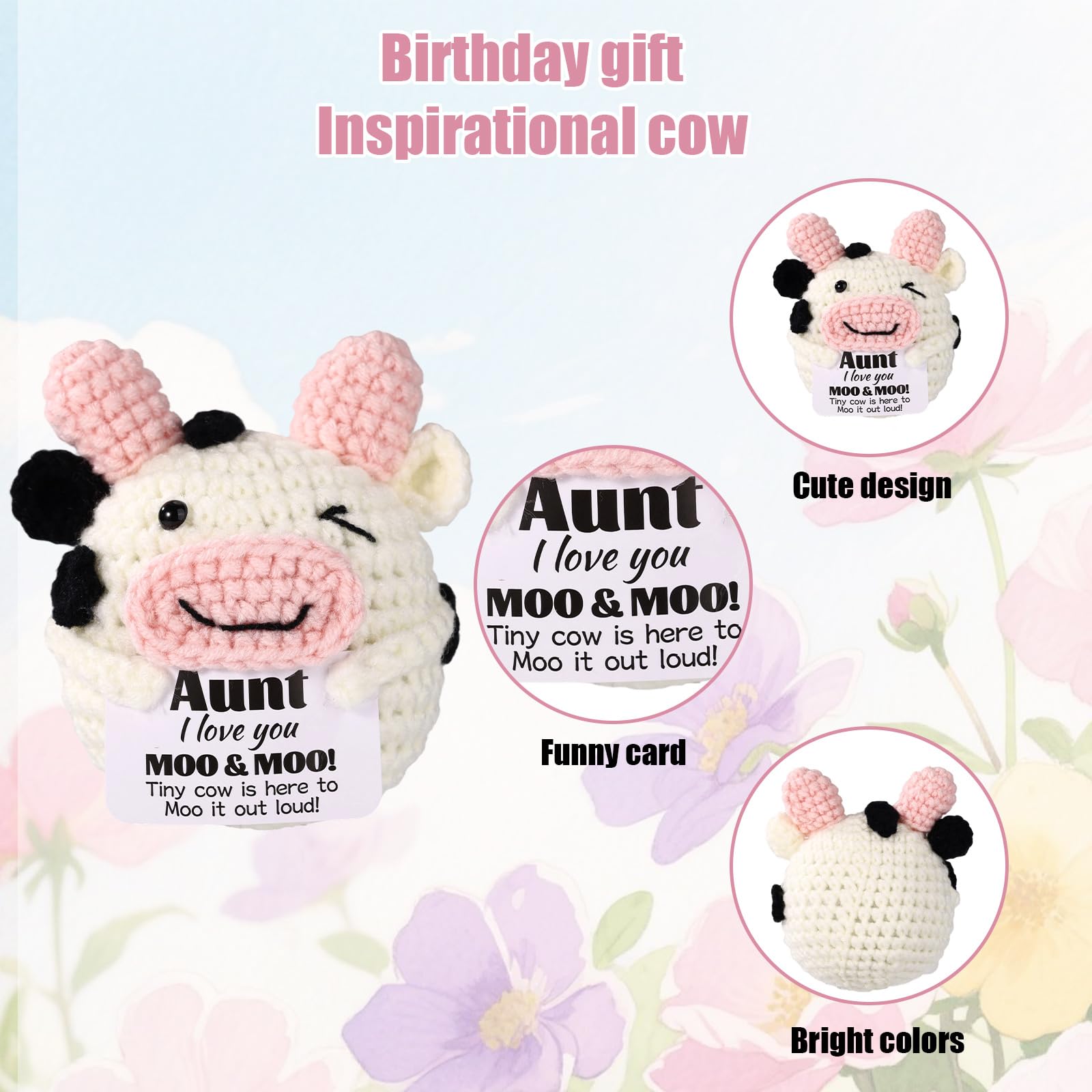 TOYMIS Positive Cow Crochet, Support Mini Handmade Knitted Doll with Encouragement Emotional Card Cute Office Desk Decor for Aunt - Image 3