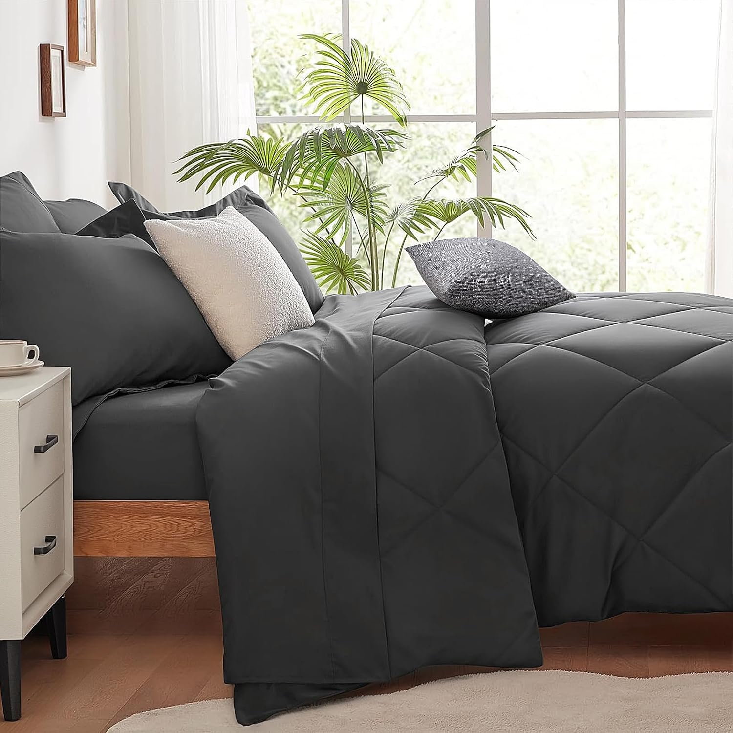 SunStyle Home King Comforter Sets, 7-Pieces Bed in a Bag with Comforter and Sheets, All Season Bedding Sets with Comforter, Flat Sheet, Fitted Sheet Pillow Shams and Pillowcases (Dark Grey)