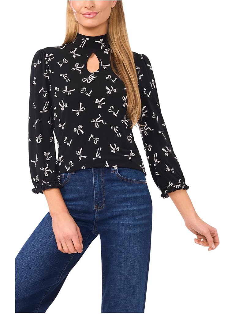 Black CeCe Tossed Bows Mock Neck Knit Top